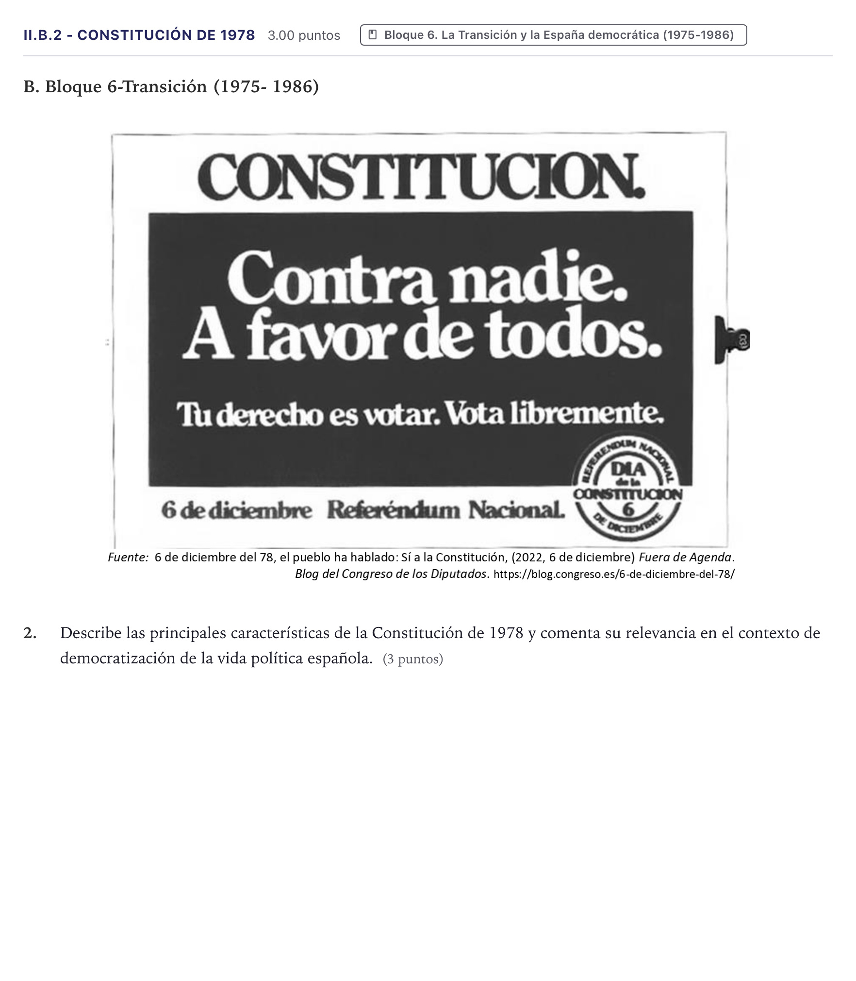 Enunciado: Ejercicio II.B.2 - Constitución de 1978 · Historia de España PAU Canarias Junio (Humanidades) 2026