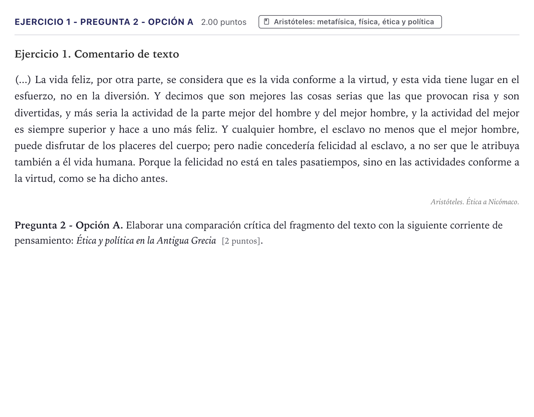 Enunciado: Ejercicio 1 - Pregunta 2 - Opción A · Historia de la Filosofía PAU Canarias Junio (Humanidades) 2026