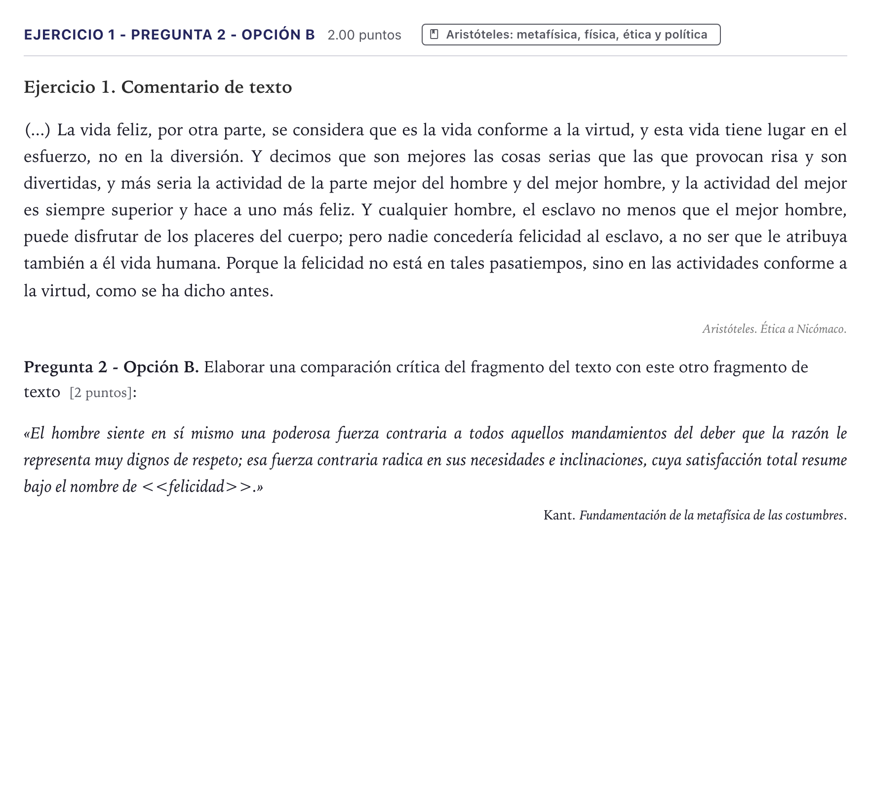 Enunciado: Ejercicio 1 - Pregunta 2 - Opción B · Historia de la Filosofía PAU Canarias Junio (Humanidades) 2026