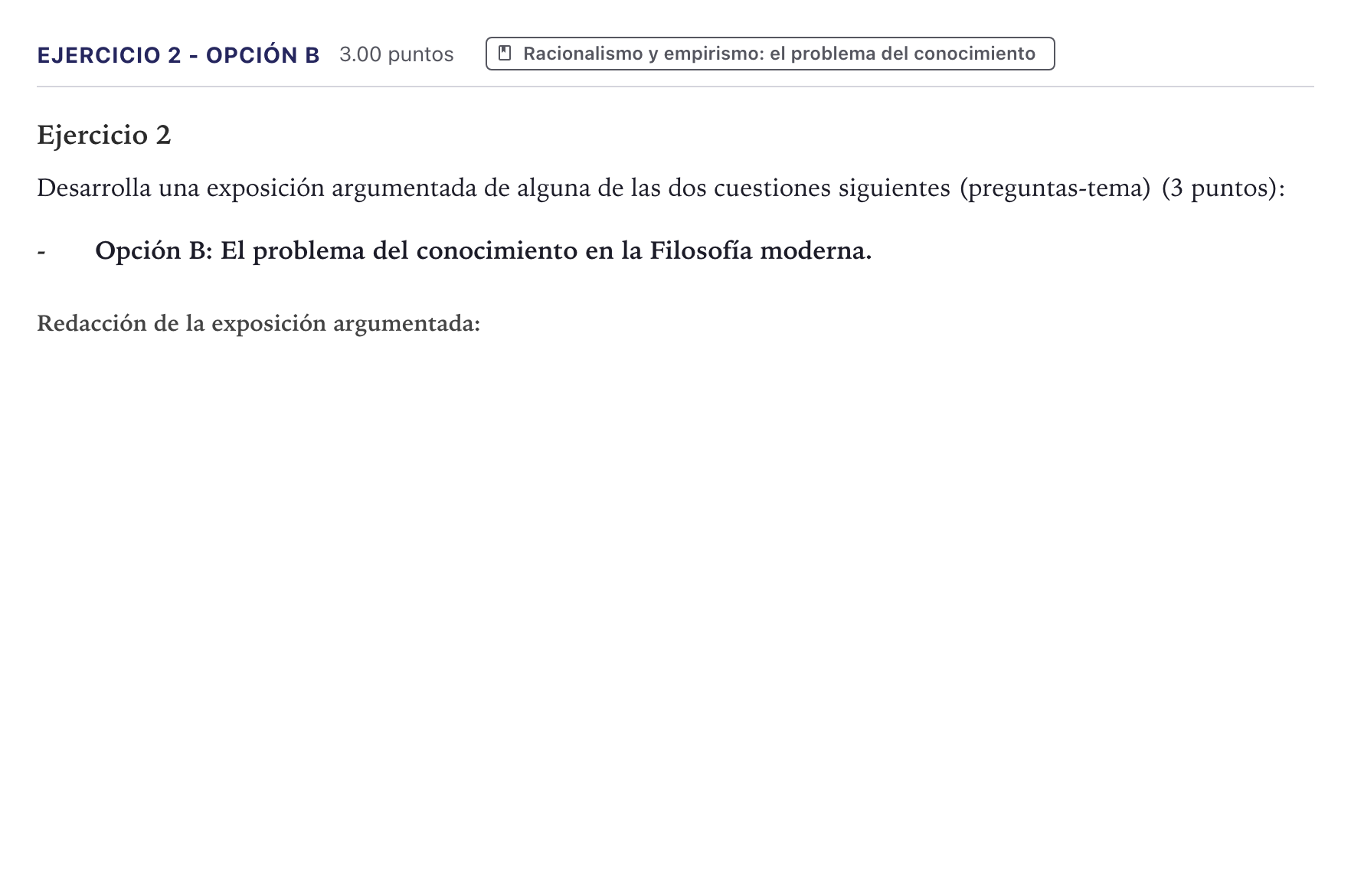 Enunciado: Ejercicio 2 - Opción B · Historia de la Filosofía PAU Canarias Junio (Humanidades) 2026