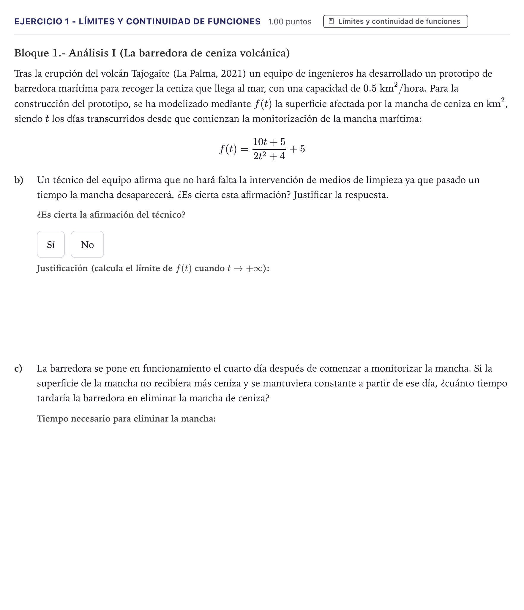 Enunciado: Ejercicio 1 - Límites y continuidad de funciones · Matemáticas II PAU Canarias Junio 2026