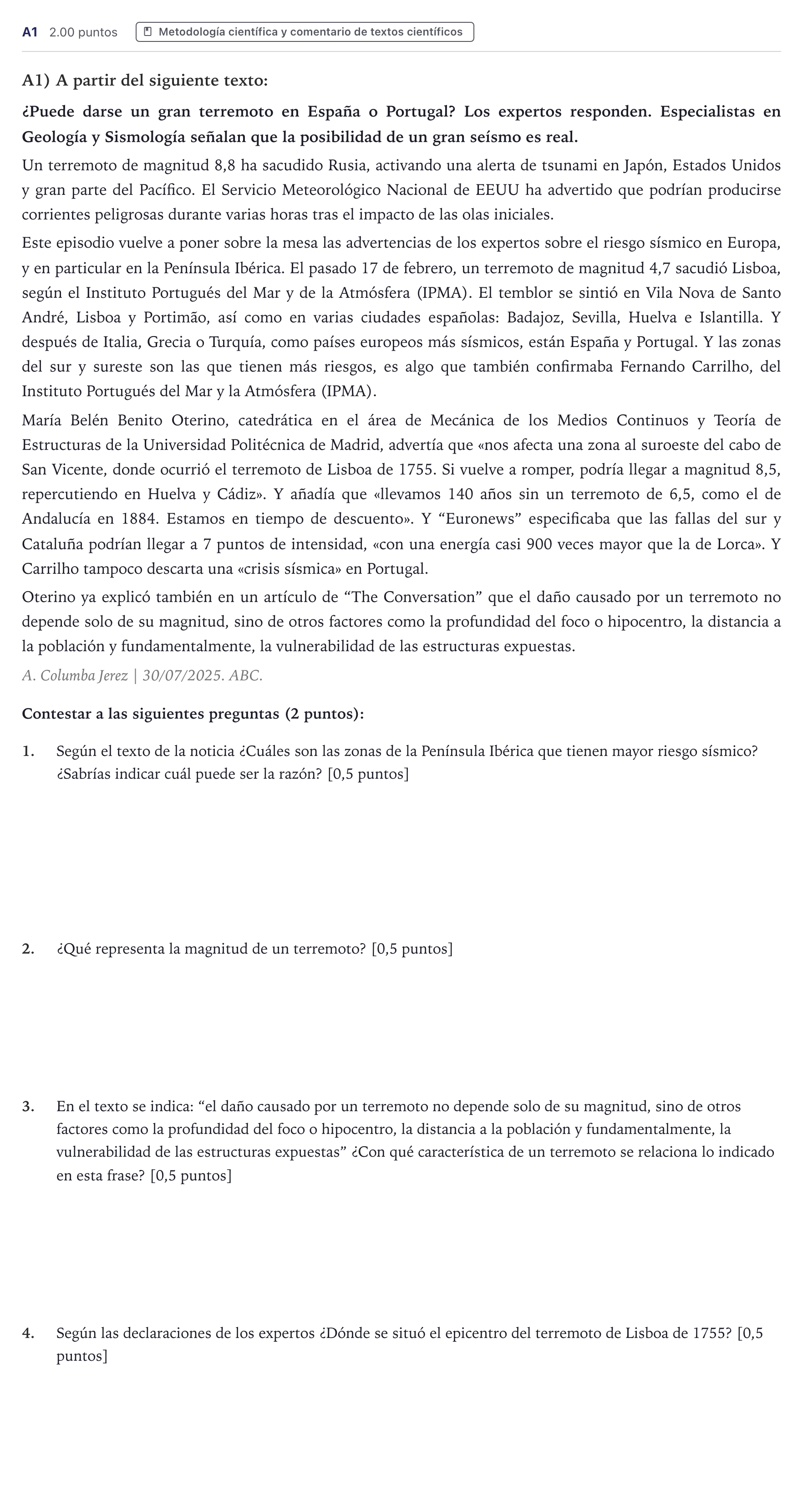 Enunciado: Ejercicio A1 · Ciencias Generales PAU Canarias Junio (Ciencias) 2026