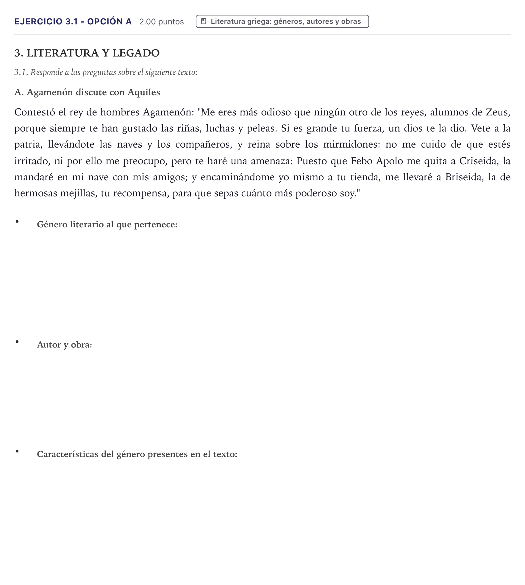 Enunciado: Ejercicio 3.1 - Opción A · Griego II PAU Canarias Junio 2026