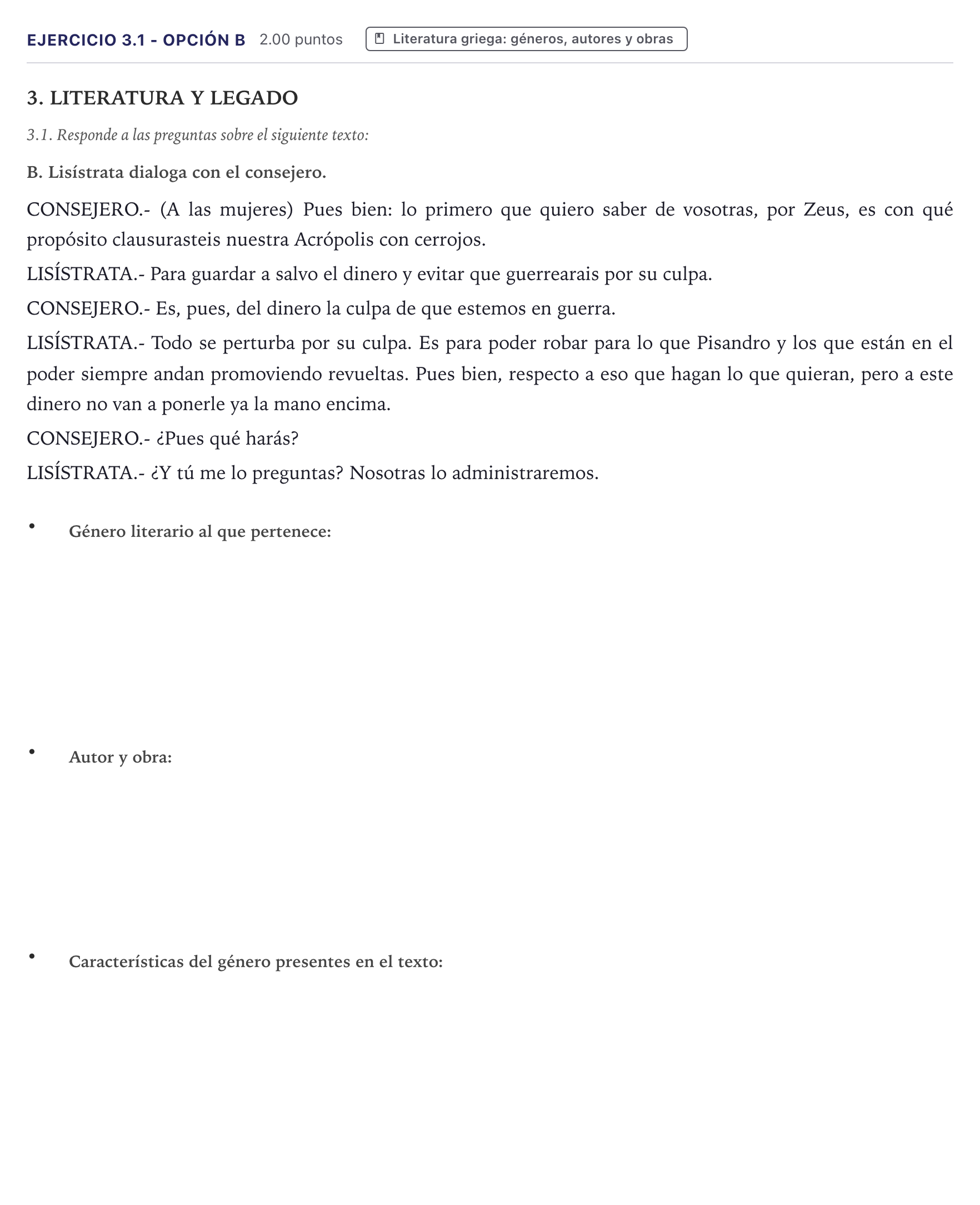 Enunciado: Ejercicio 3.1 - Opción B · Griego II PAU Canarias Junio 2026