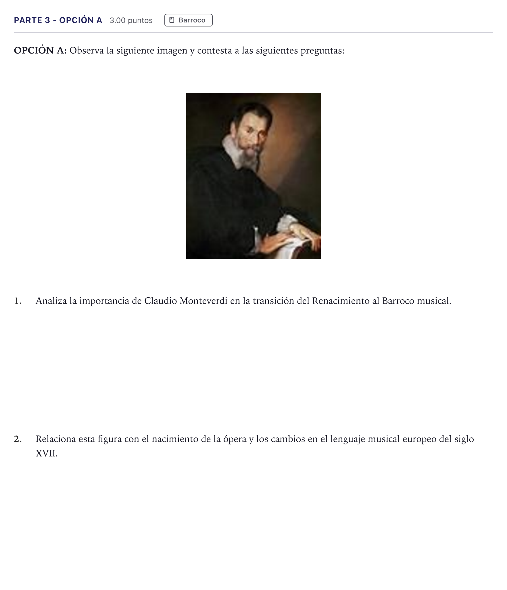 Enunciado: Ejercicio Parte 3 - Opción A · Historia de la Música y la Danza PAU Canarias Junio 2026