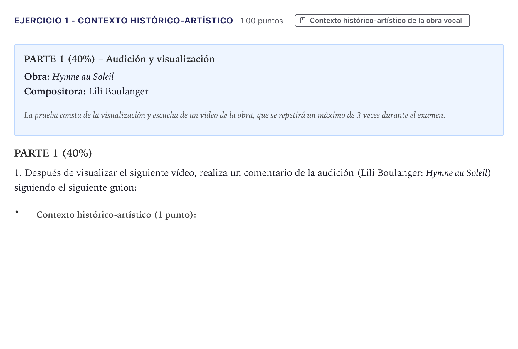 Enunciado: Ejercicio 1 - Contexto histórico-artístico · Coro y Técnica Vocal II PAU Canarias Junio 2026