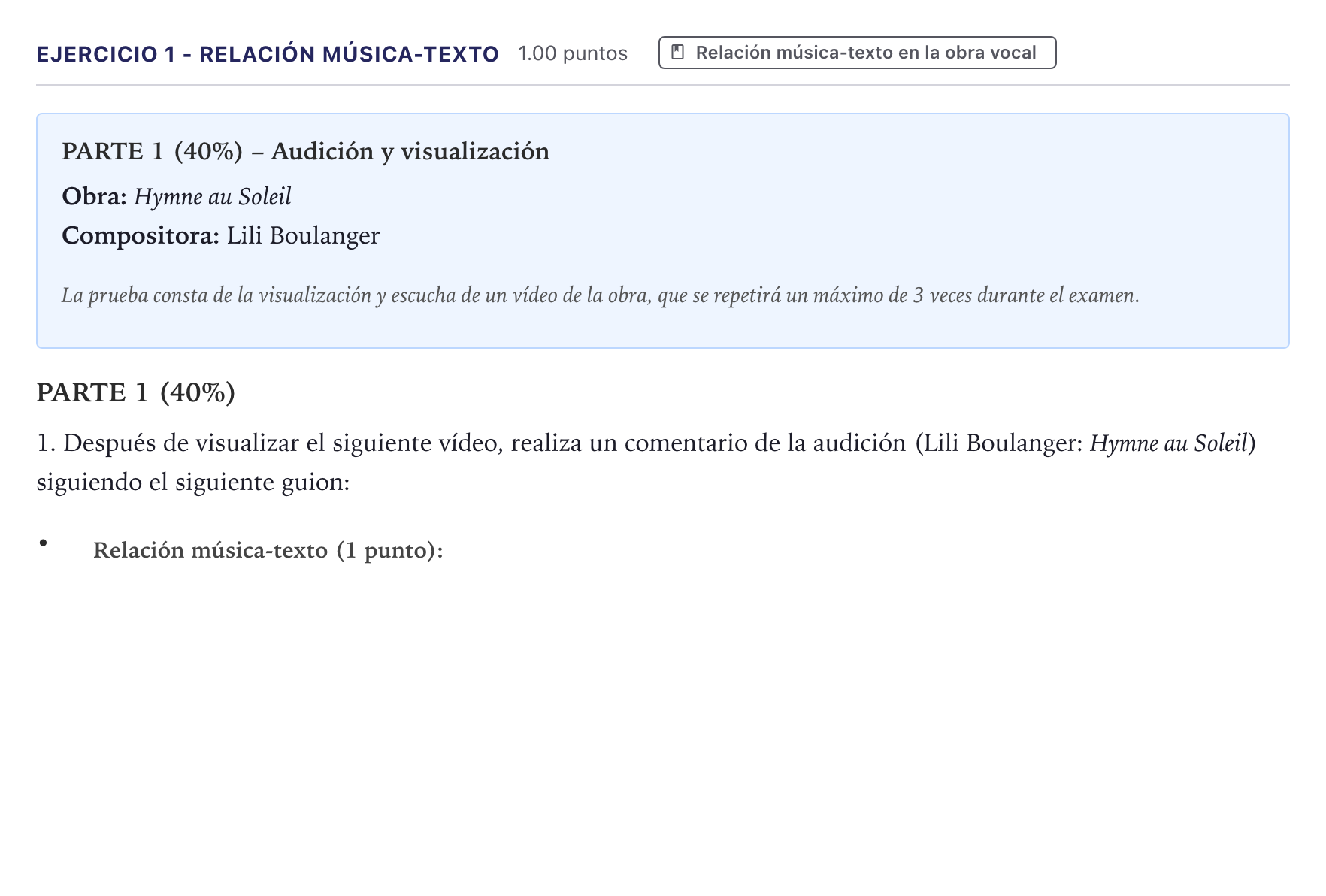 Enunciado: Ejercicio 1 - Relación música-texto · Coro y Técnica Vocal II PAU Canarias Junio 2026