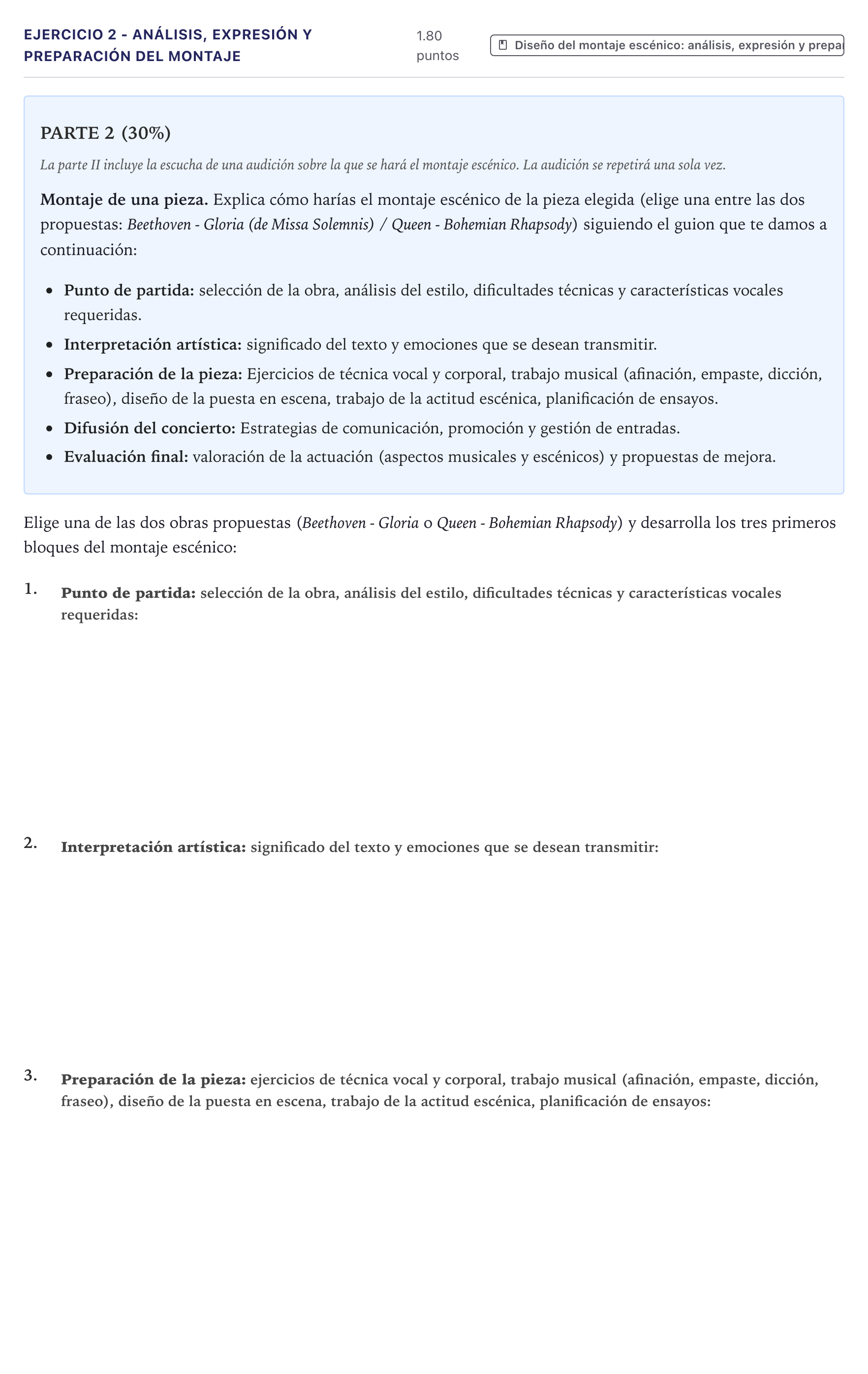 Enunciado: Ejercicio 2 - Análisis, expresión y preparación del montaje · Coro y Técnica Vocal II PAU Canarias Junio 2026
