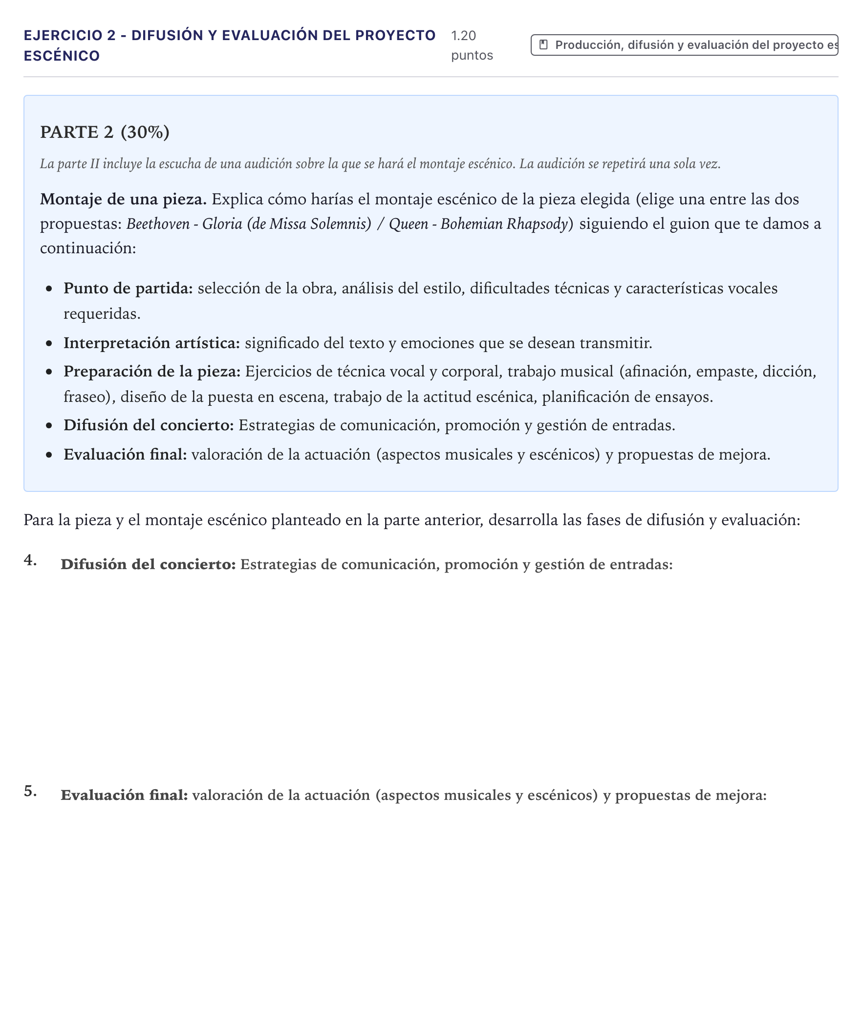 Enunciado: Ejercicio 2 - Difusión y evaluación del proyecto escénico · Coro y Técnica Vocal II PAU Canarias Junio 2026