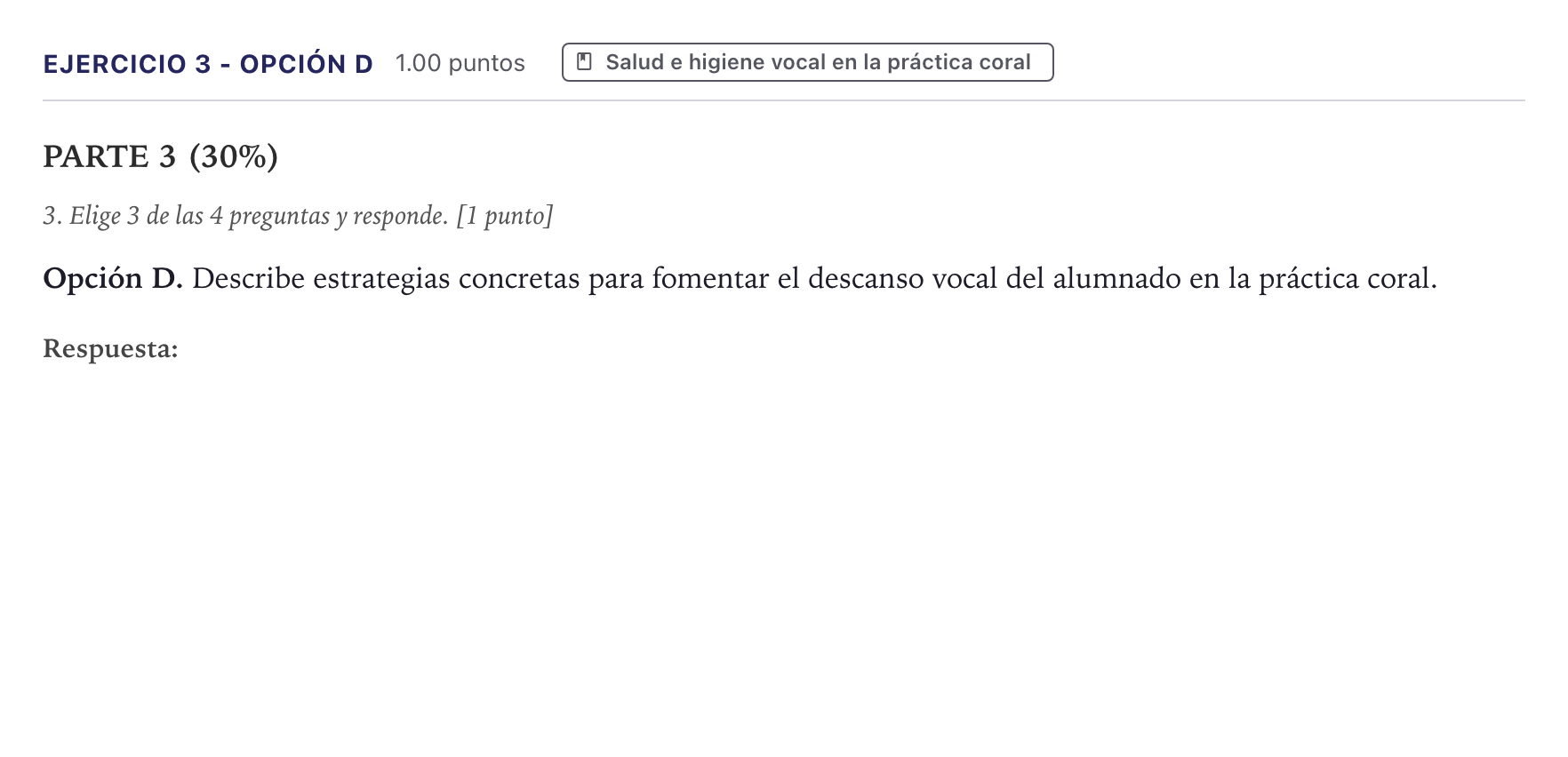 Enunciado: Ejercicio 3 - Opción D · Coro y Técnica Vocal II PAU Canarias Junio 2026