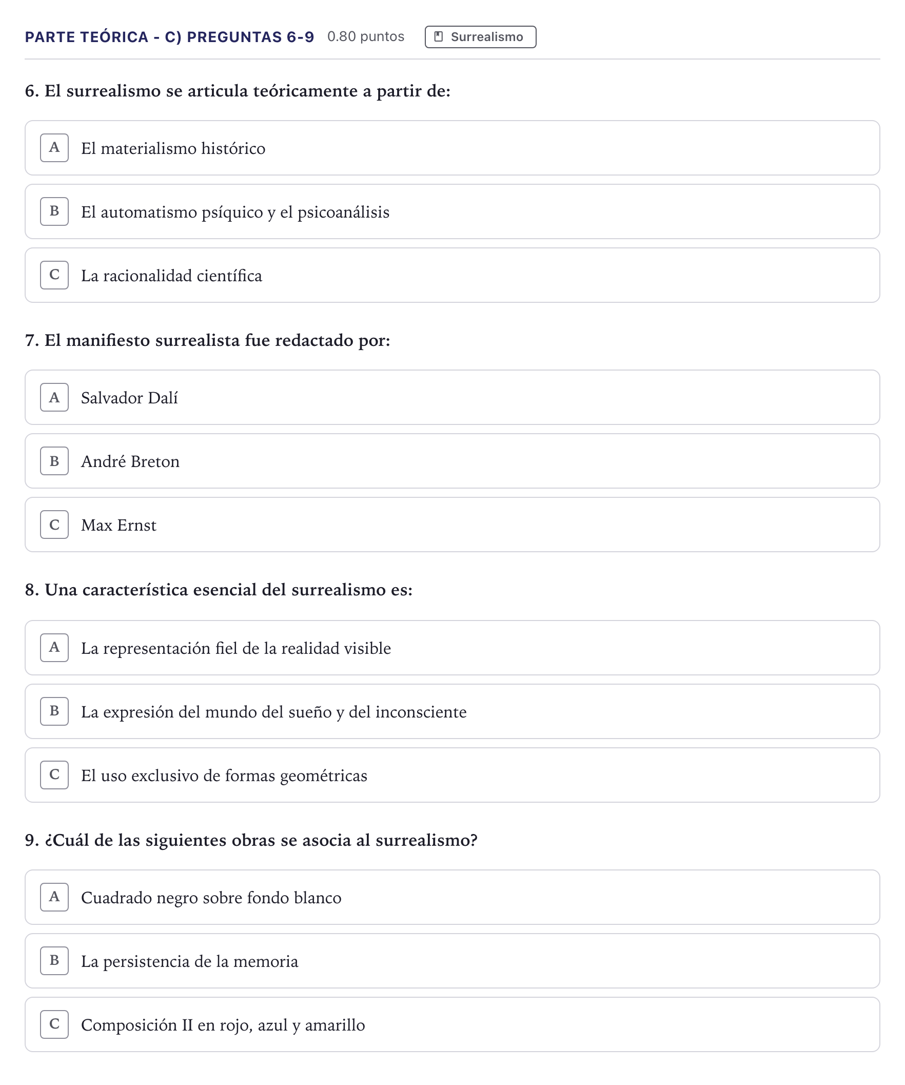 Enunciado: Ejercicio Parte Teórica - C) Preguntas 6-9 · Fundamentos Artísticos PAU Canarias Junio 2026