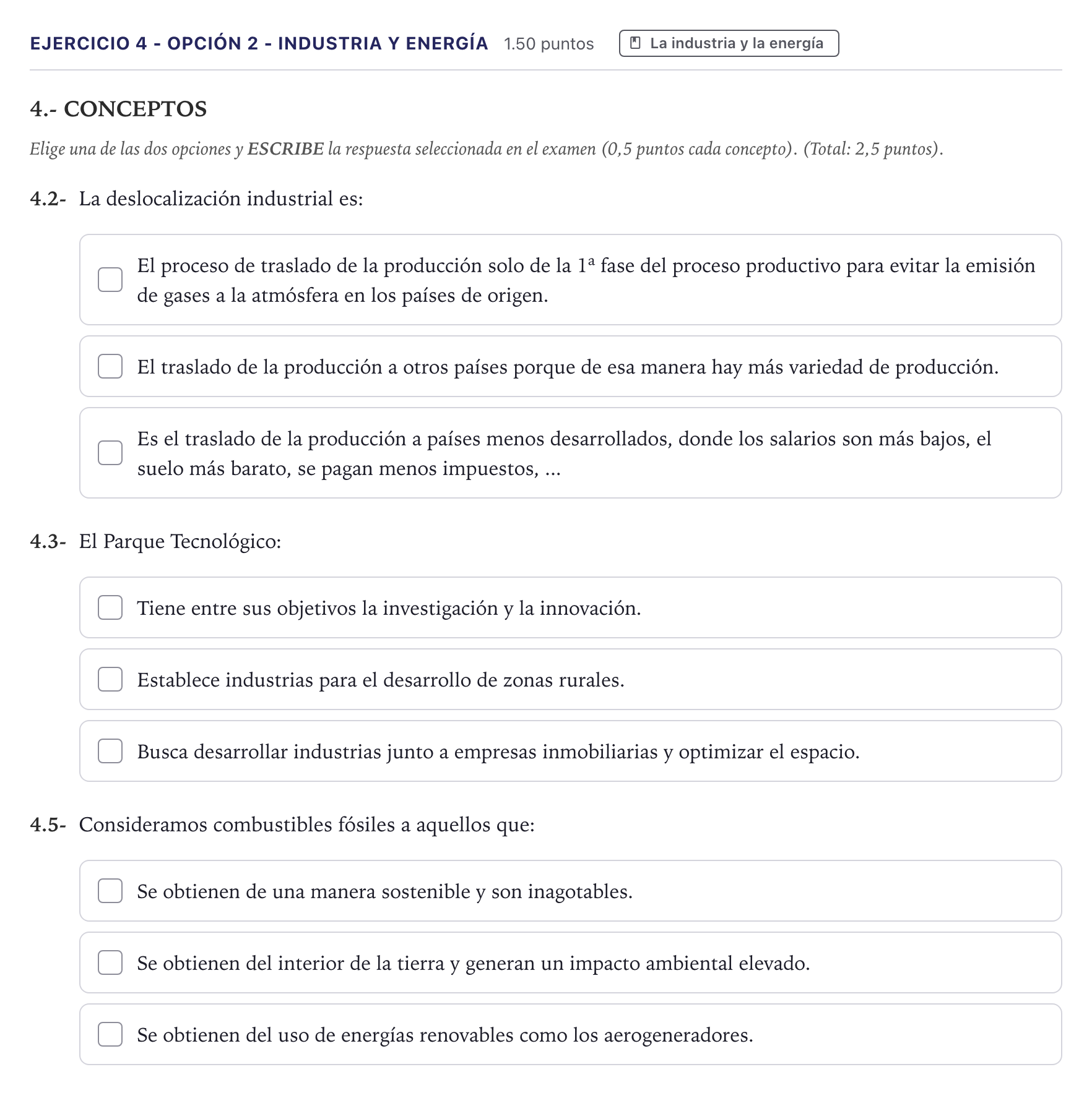 Enunciado: Ejercicio 4 - Opción 2 - Industria y energía · Geografía PAU Canarias Junio 2026