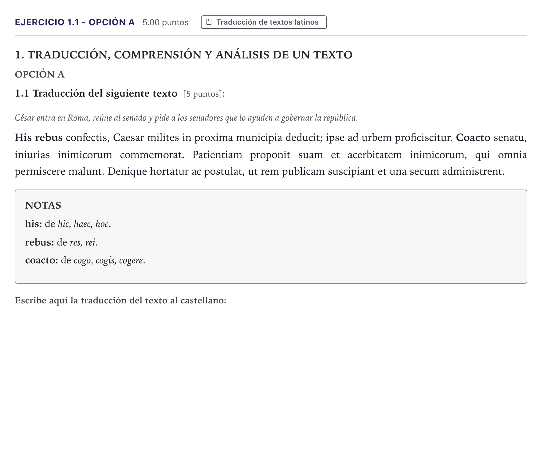 Enunciado: Ejercicio 1.1 - Opción A · Latín II PAU Canarias Junio 2026