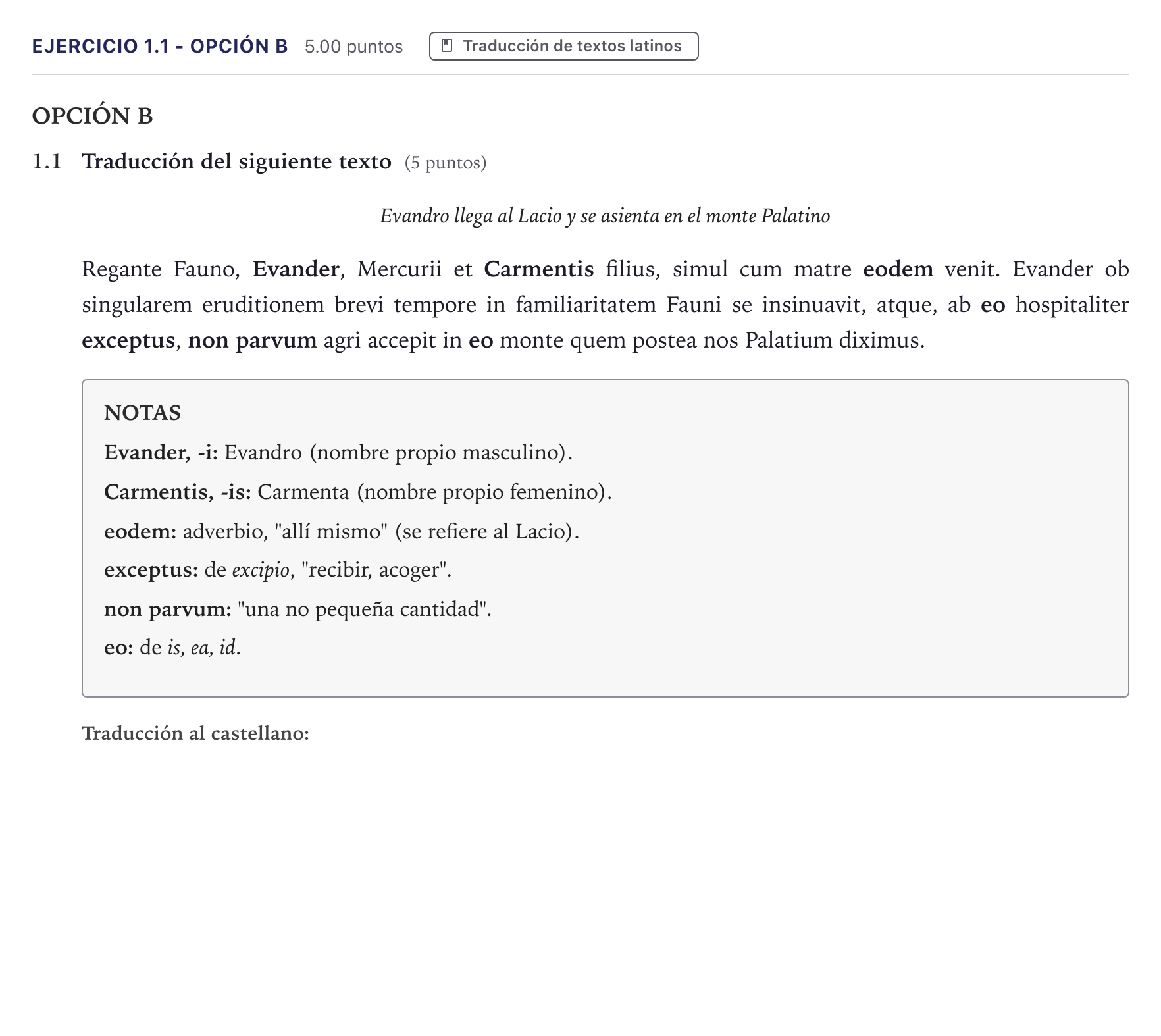 Enunciado: Ejercicio 1.1 - Opción B · Latín II PAU Canarias Junio 2026
