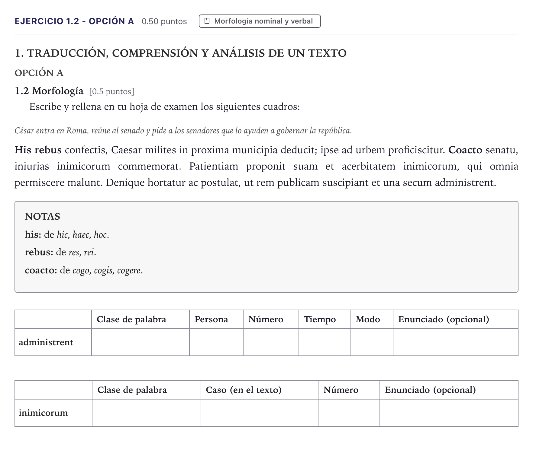 Enunciado: Ejercicio 1.2 - Opción A · Latín II PAU Canarias Junio 2026
