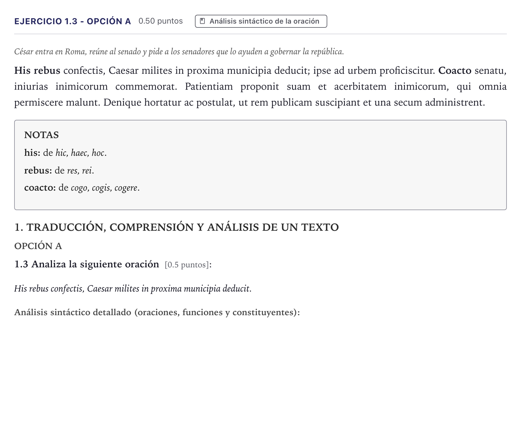 Enunciado: Ejercicio 1.3 - Opción A · Latín II PAU Canarias Junio 2026