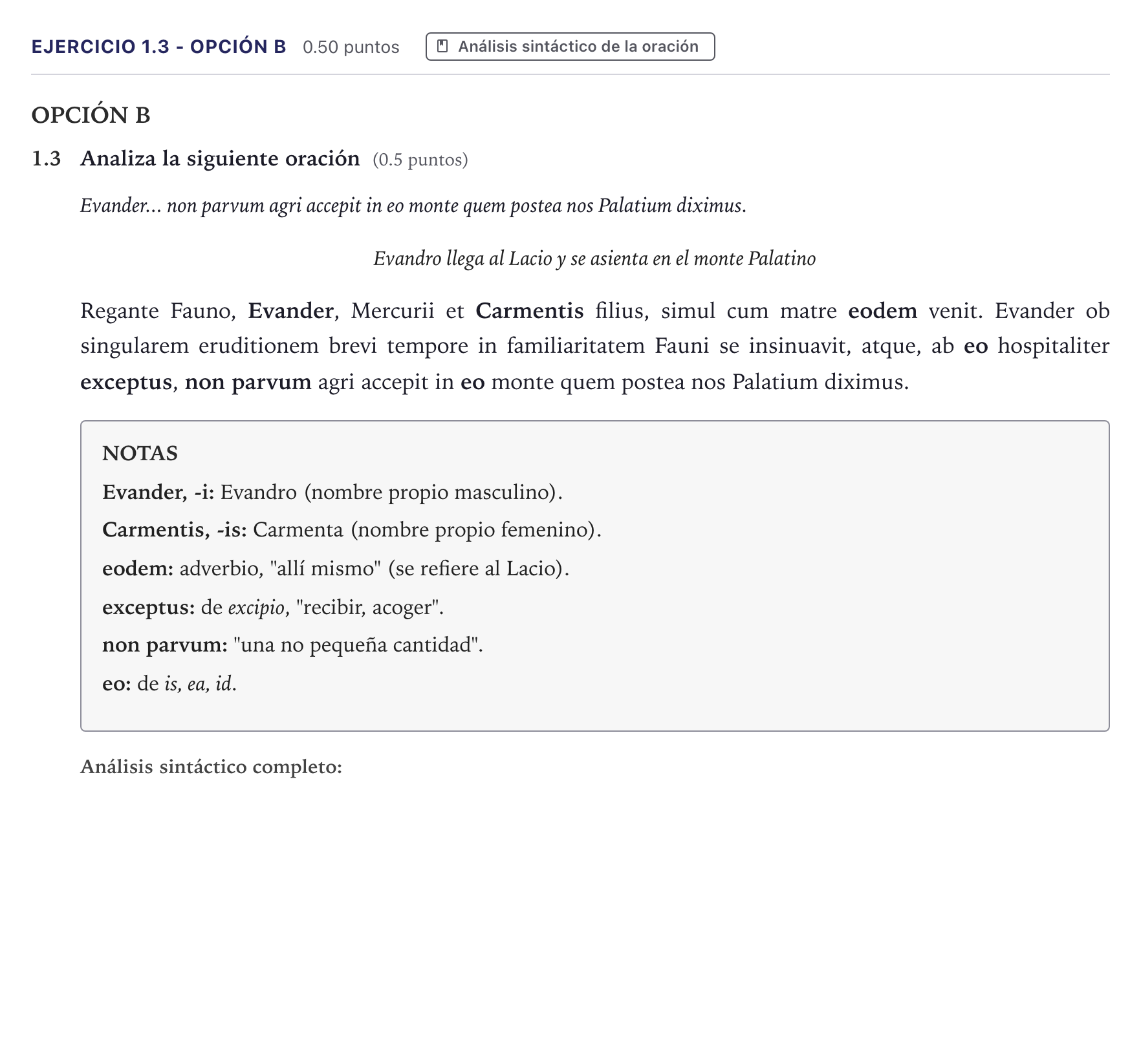 Enunciado: Ejercicio 1.3 - Opción B · Latín II PAU Canarias Junio 2026