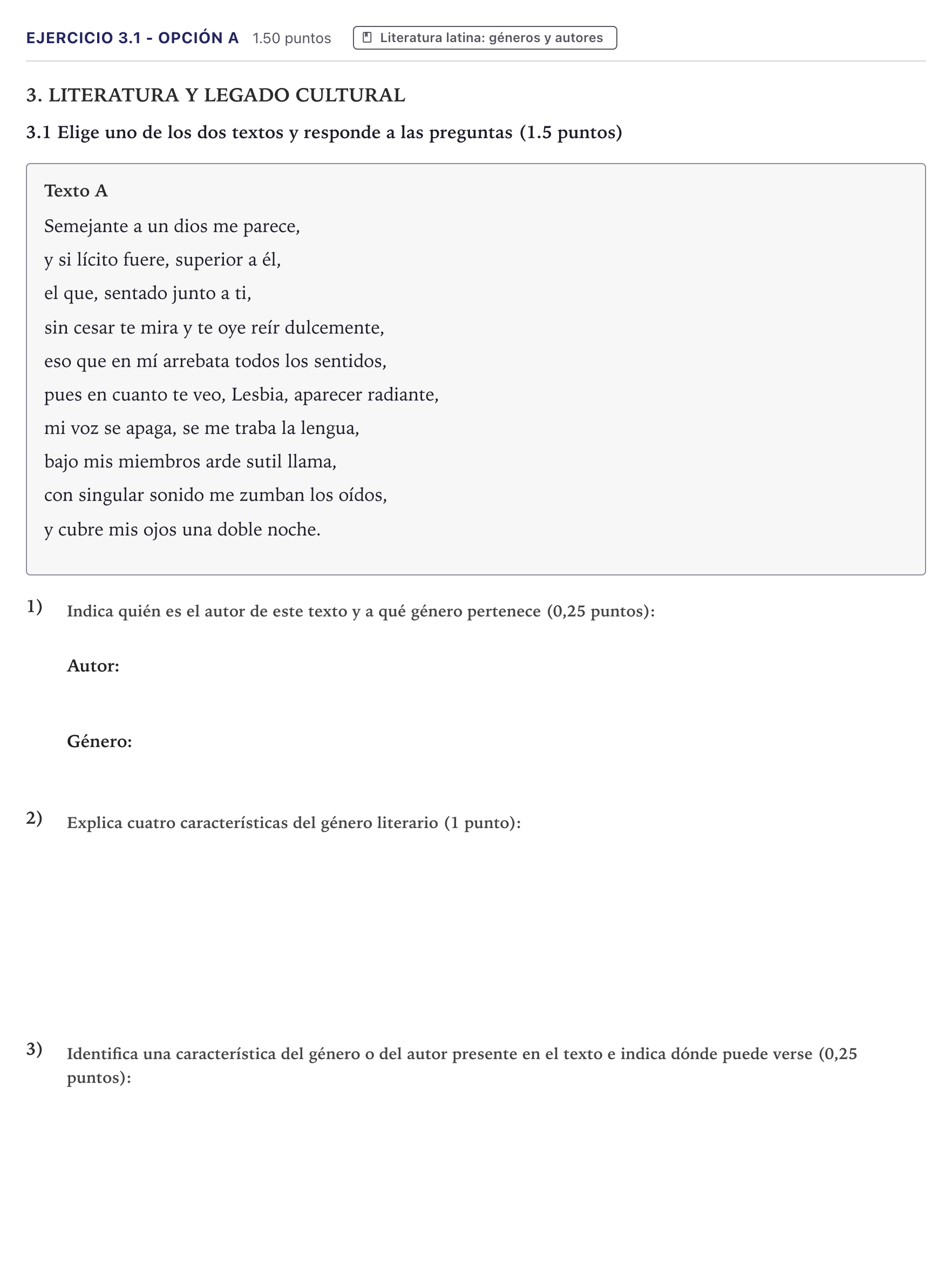 Enunciado: Ejercicio 3.1 - Opción A · Latín II PAU Canarias Junio 2026