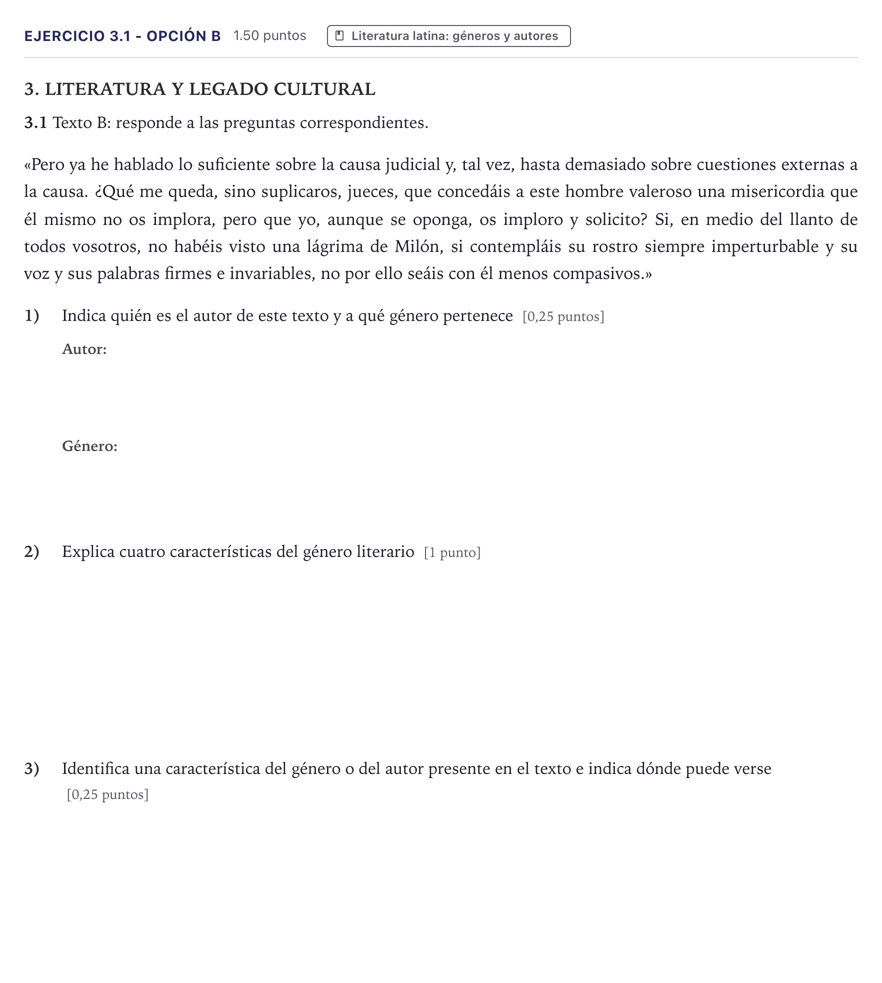 Enunciado: Ejercicio 3.1 - Opción B · Latín II PAU Canarias Junio 2026