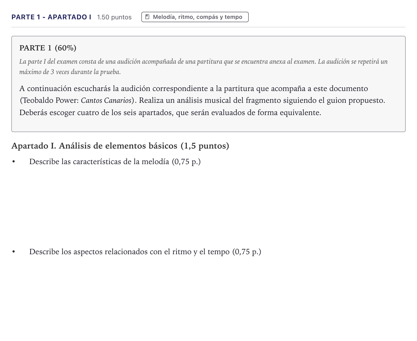 Enunciado: Ejercicio Parte 1 - Apartado I · Análisis Musical II PAU Canarias Junio 2026