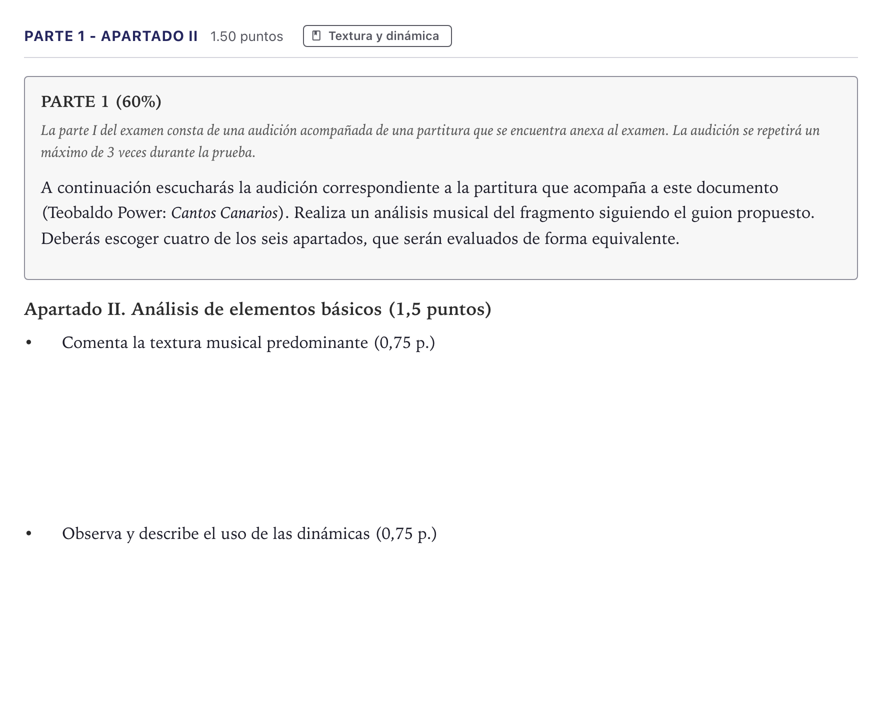 Enunciado: Ejercicio Parte 1 - Apartado II · Análisis Musical II PAU Canarias Junio 2026