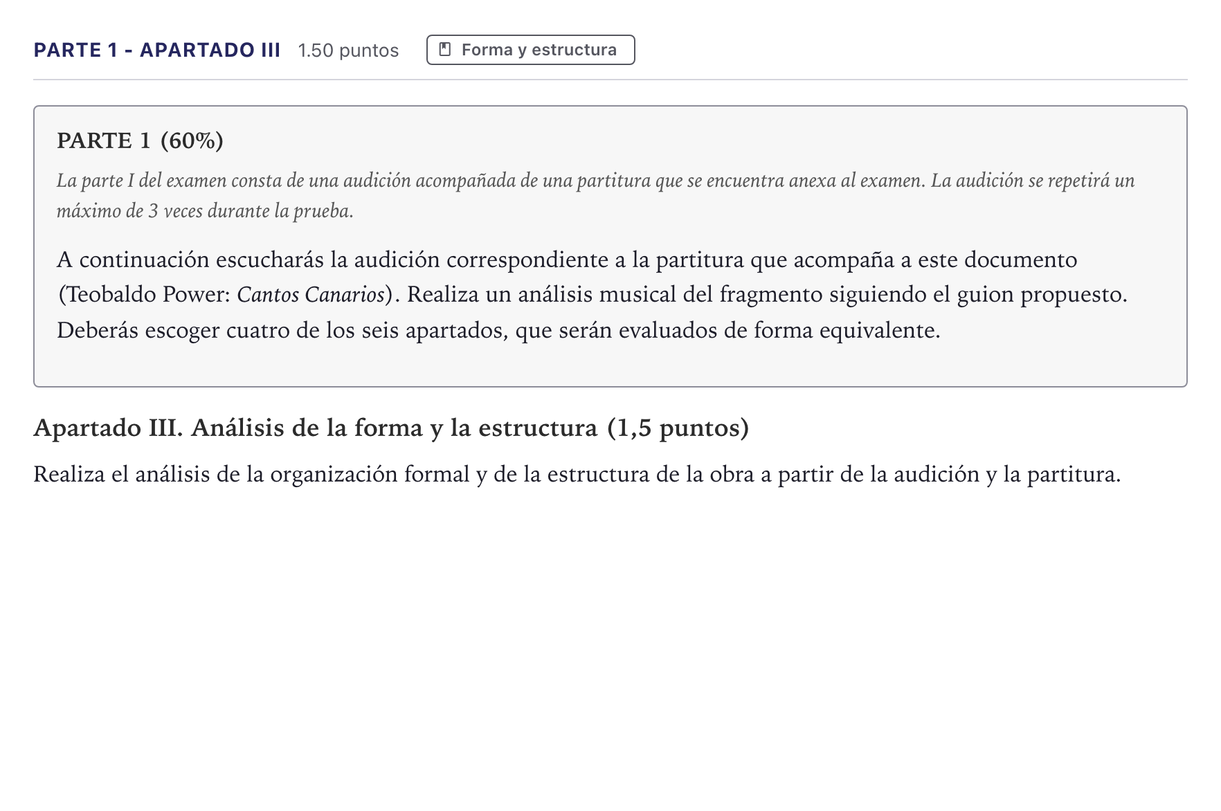 Enunciado: Ejercicio Parte 1 - Apartado III · Análisis Musical II PAU Canarias Junio 2026