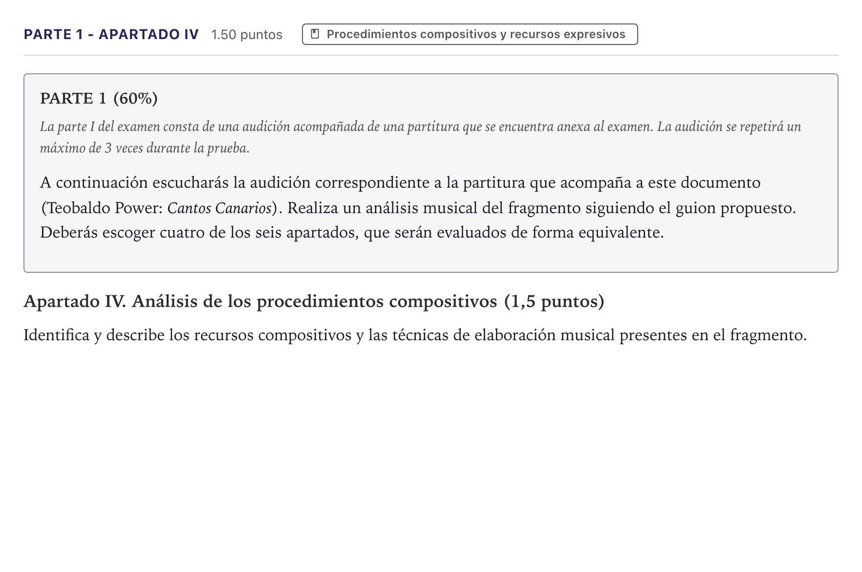Enunciado: Ejercicio Parte 1 - Apartado IV · Análisis Musical II PAU Canarias Junio 2026
