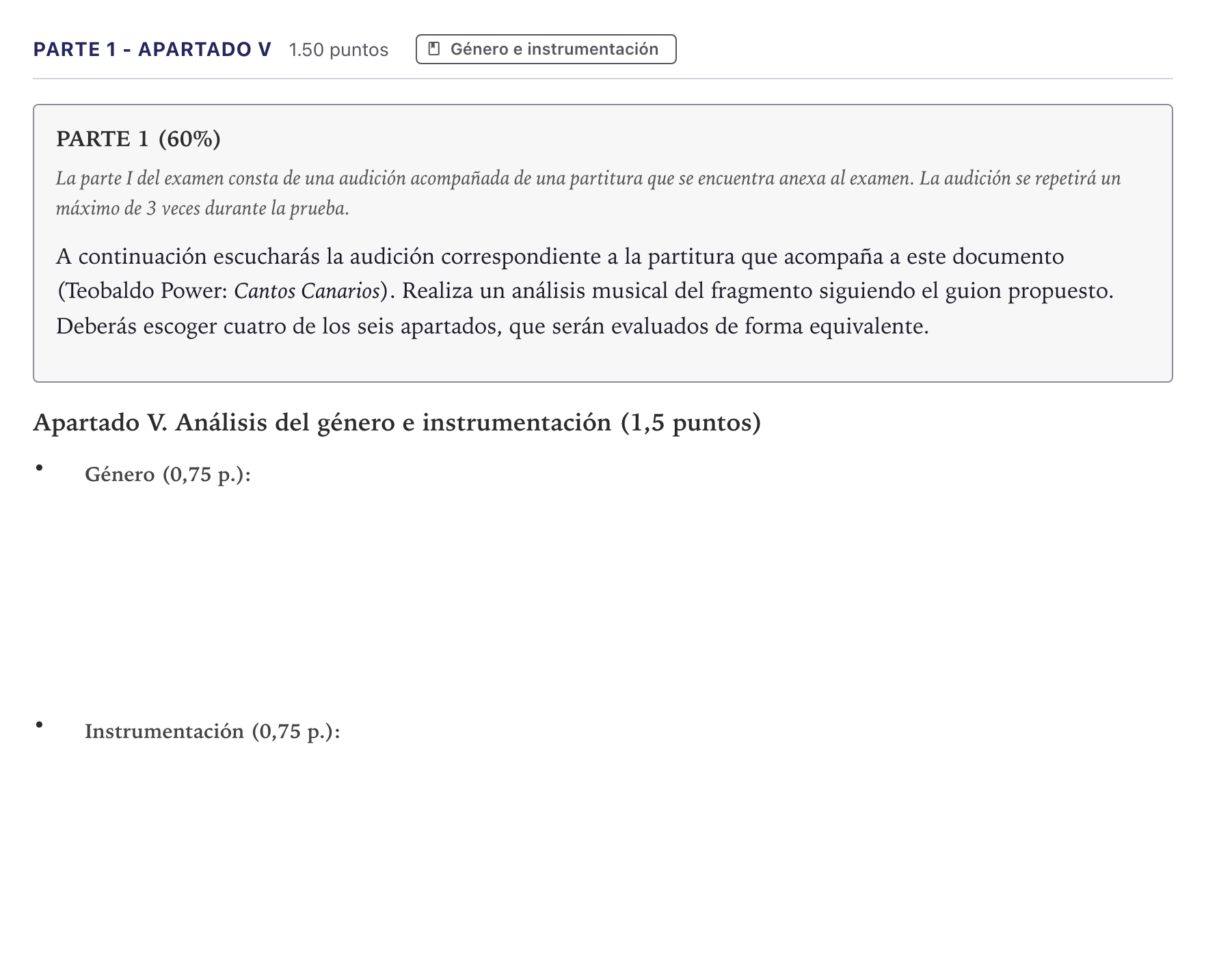 Enunciado: Ejercicio Parte 1 - Apartado V · Análisis Musical II PAU Canarias Junio 2026