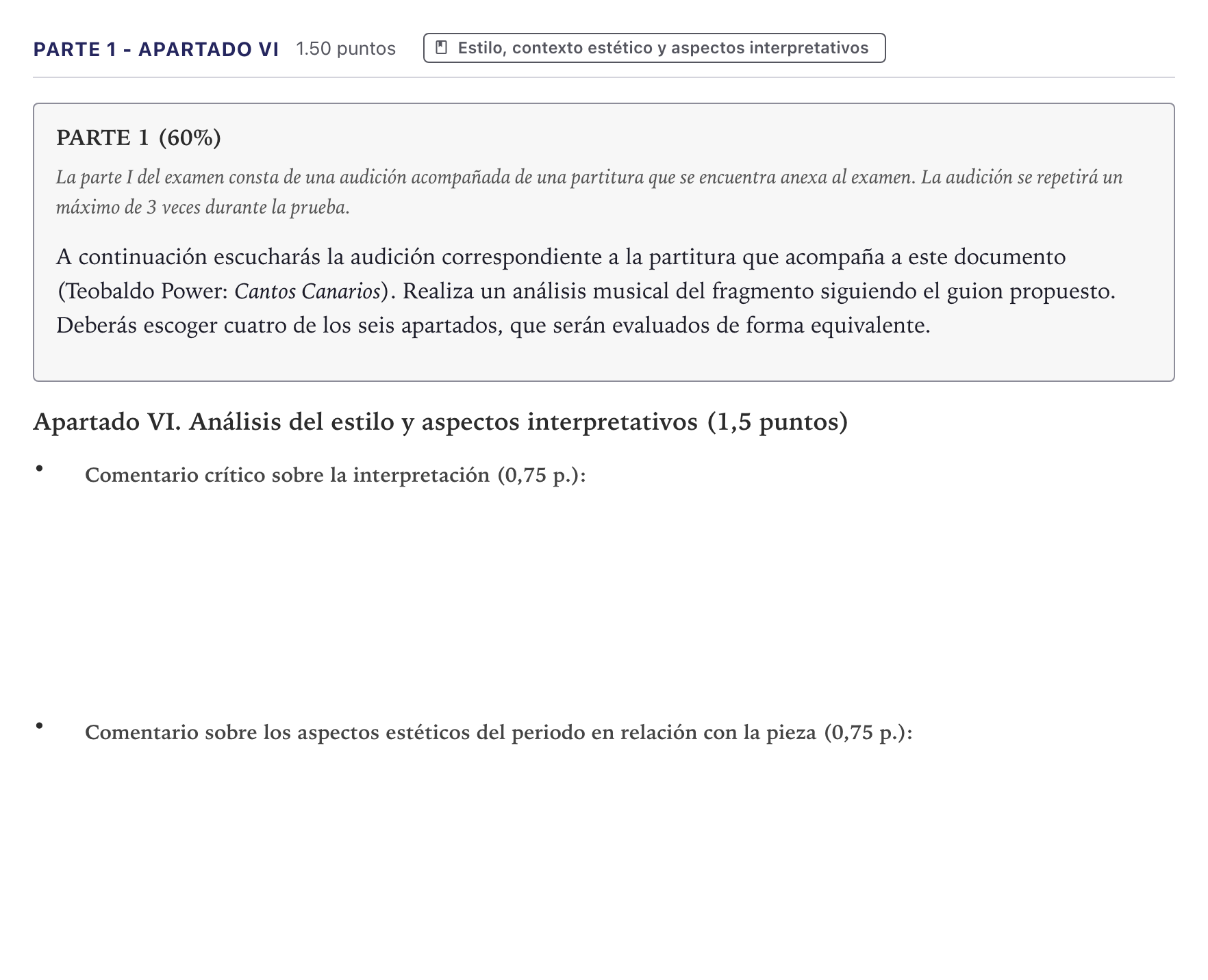 Enunciado: Ejercicio Parte 1 - Apartado VI · Análisis Musical II PAU Canarias Junio 2026
