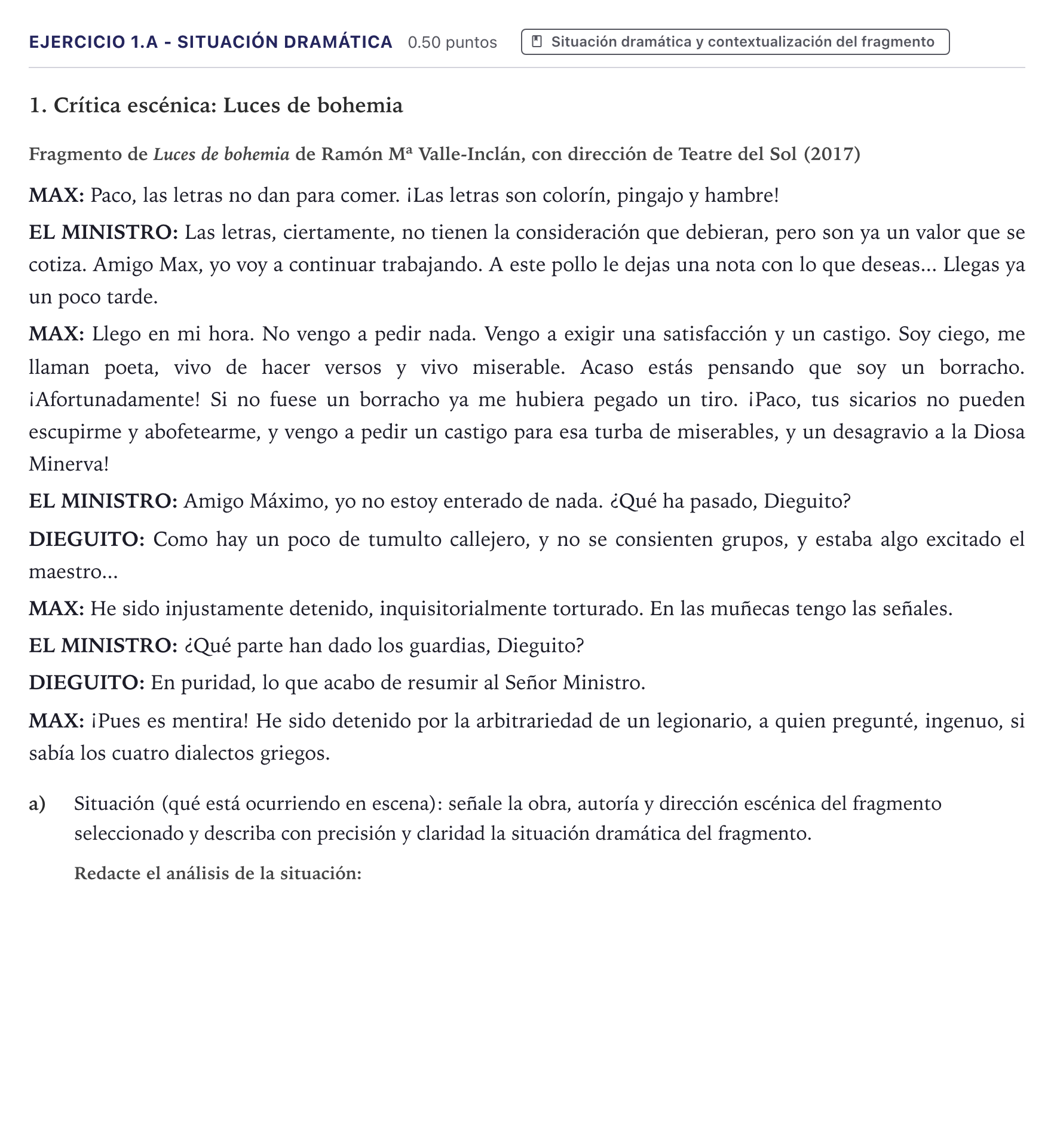 Enunciado: Ejercicio 1.a - Situación dramática · Artes Escénicas PAU Canarias Junio 2026