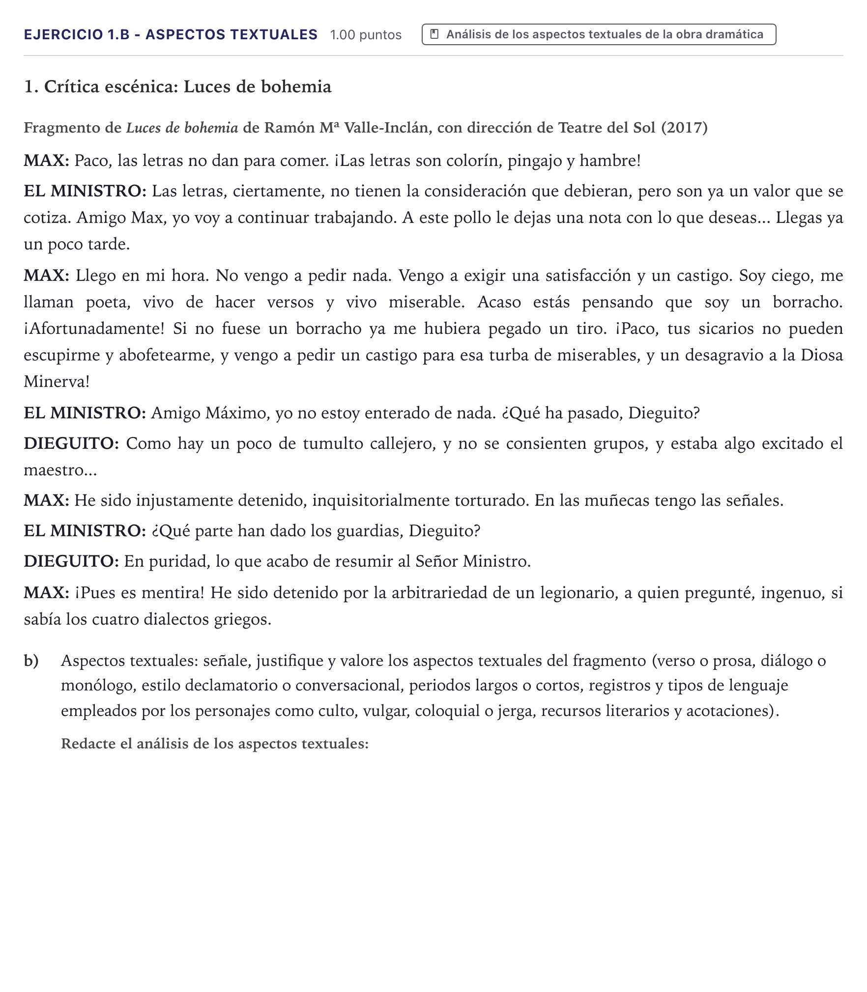 Enunciado: Ejercicio 1.b - Aspectos textuales · Artes Escénicas PAU Canarias Junio 2026