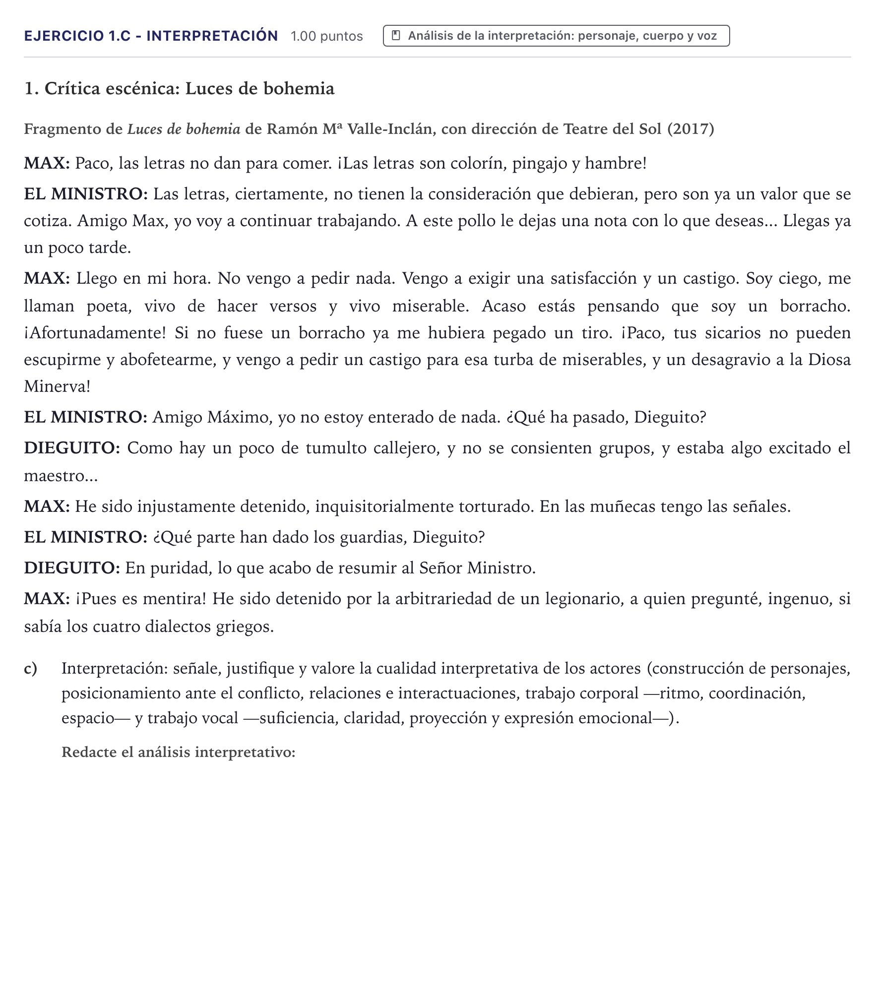 Enunciado: Ejercicio 1.c - Interpretación · Artes Escénicas PAU Canarias Junio 2026