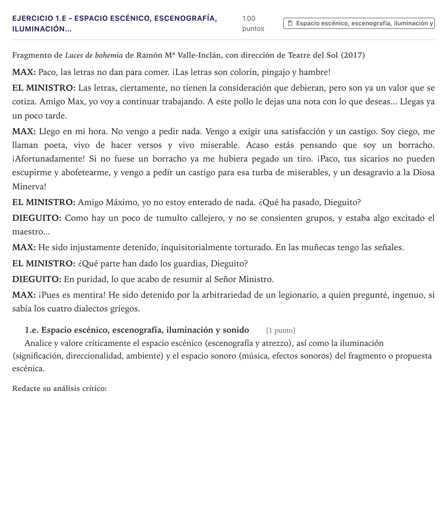 Enunciado: Ejercicio 1.e - Espacio escénico, escenografía, iluminación… · Artes Escénicas PAU Canarias Junio 2026