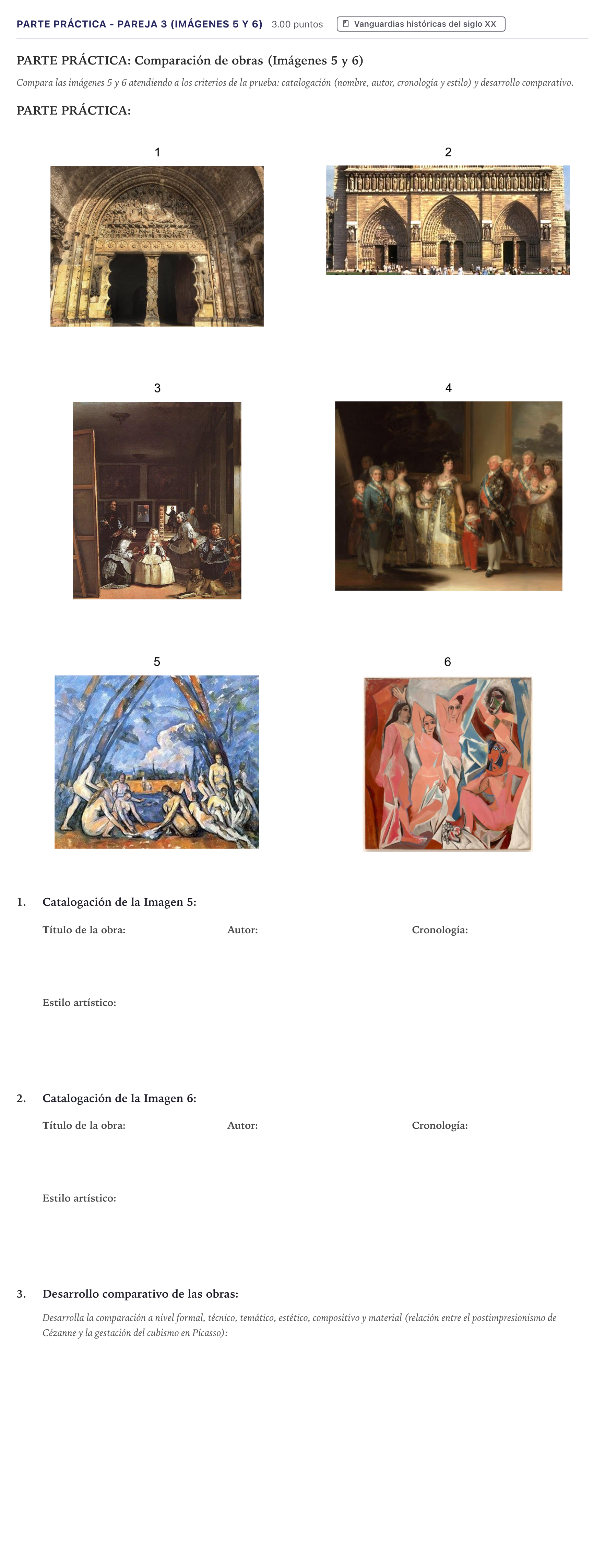 Enunciado: Ejercicio Parte Práctica - Pareja 3 (Imágenes 5 y 6) · Historia del Arte PAU Canarias Junio 2026