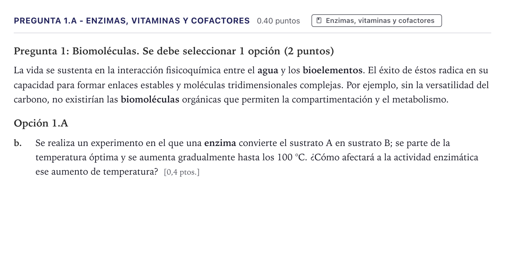 Enunciado: Pregunta 1.A - Enzimas, vitaminas y cofactores · Biología PAU Canarias Junio 2026