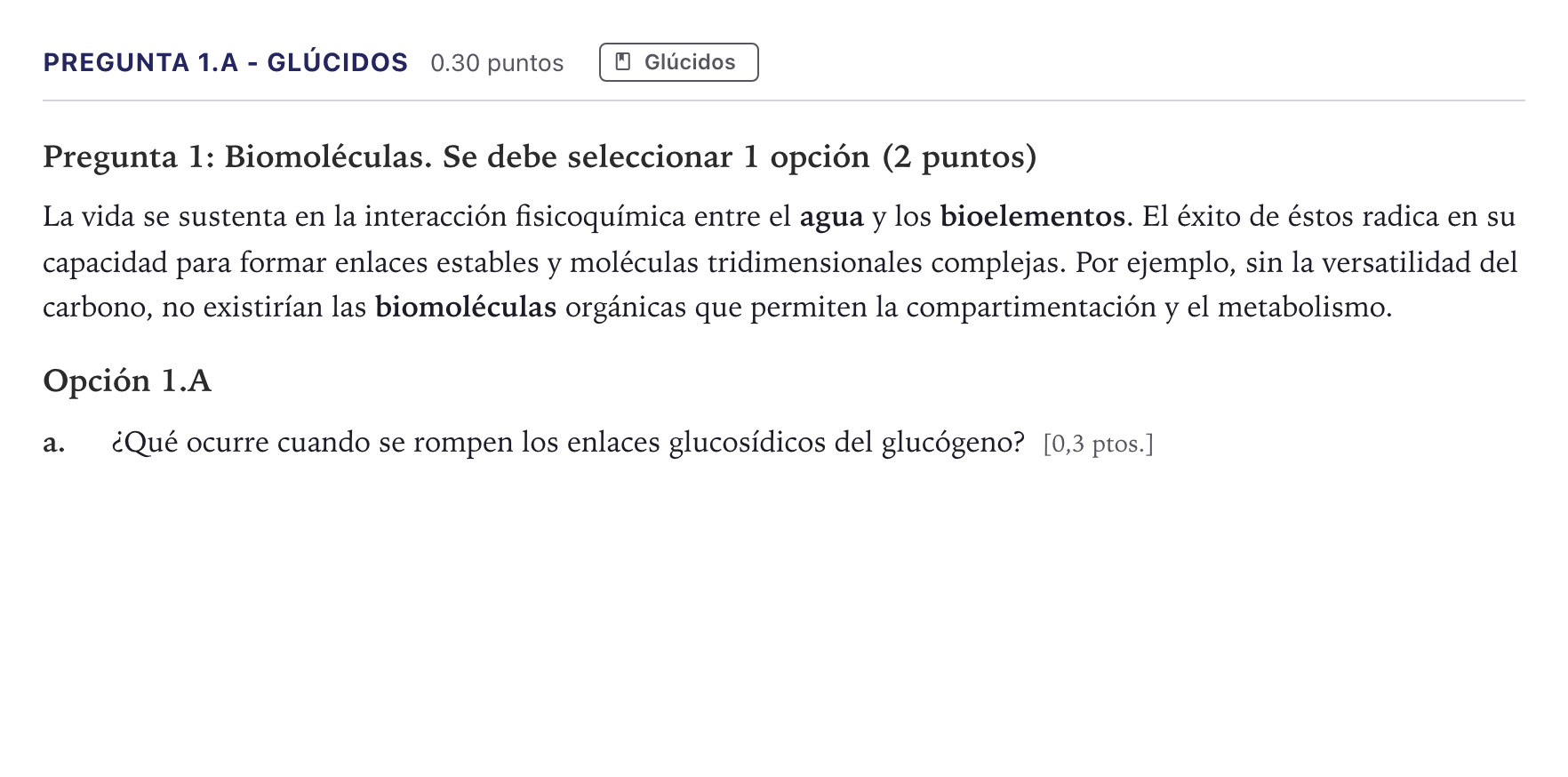 Enunciado: Pregunta 1.A - Glúcidos · Biología PAU Canarias Junio 2026