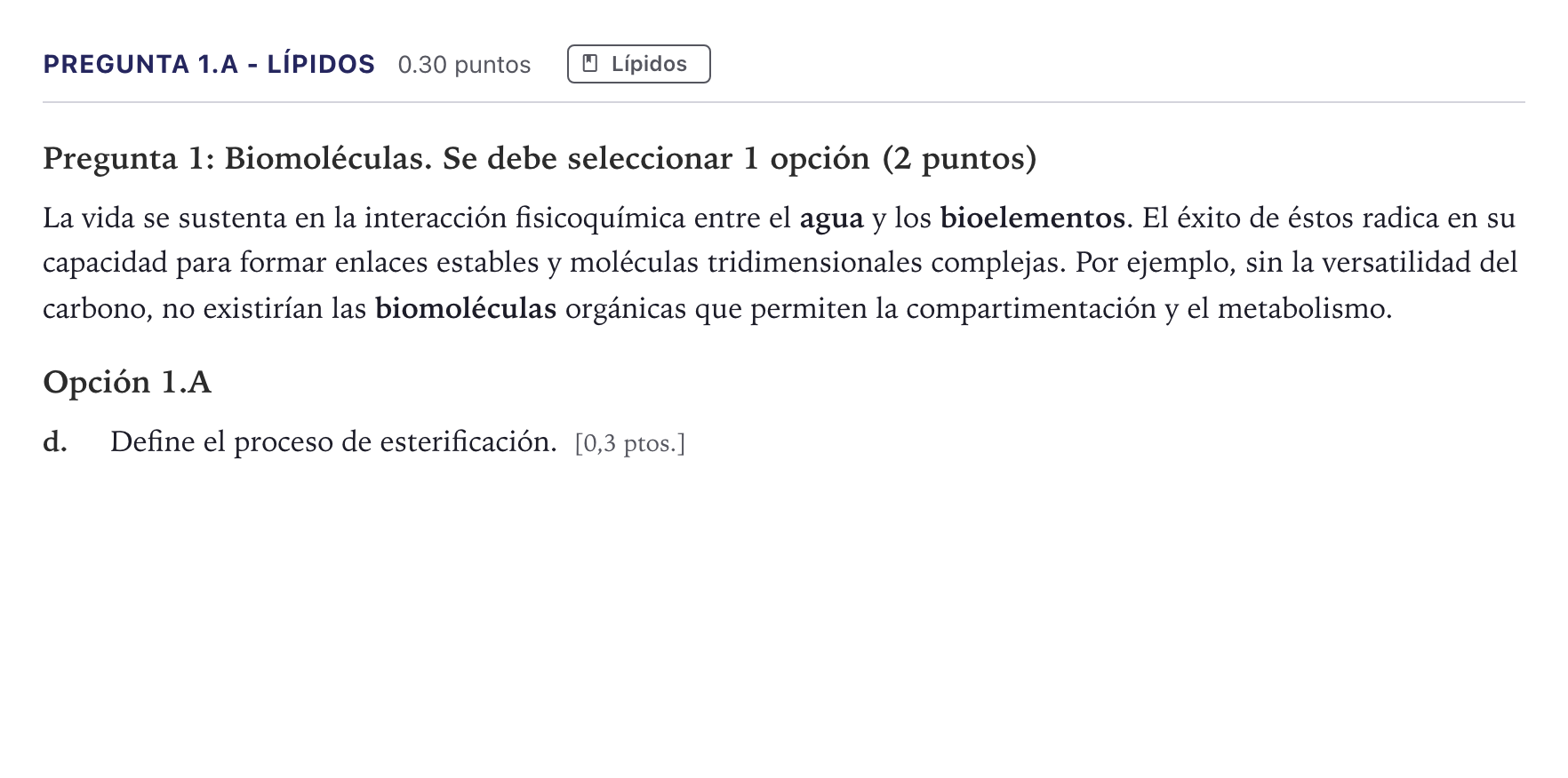 Enunciado: Pregunta 1.A - Lípidos · Biología PAU Canarias Junio 2026