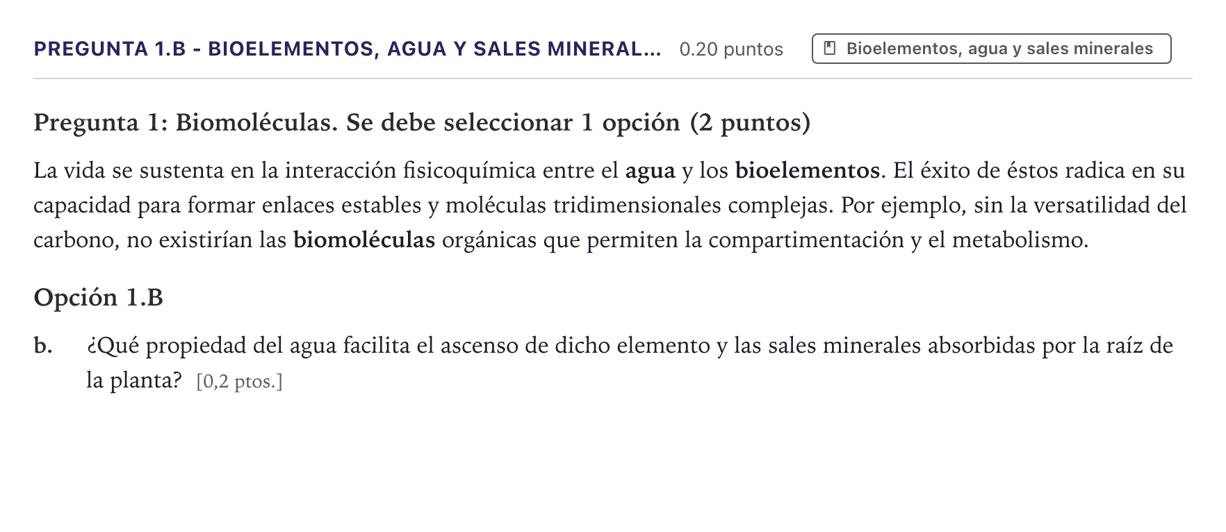 Enunciado: Pregunta 1.B - Bioelementos, agua y sales mineral… · Biología PAU Canarias Junio 2026