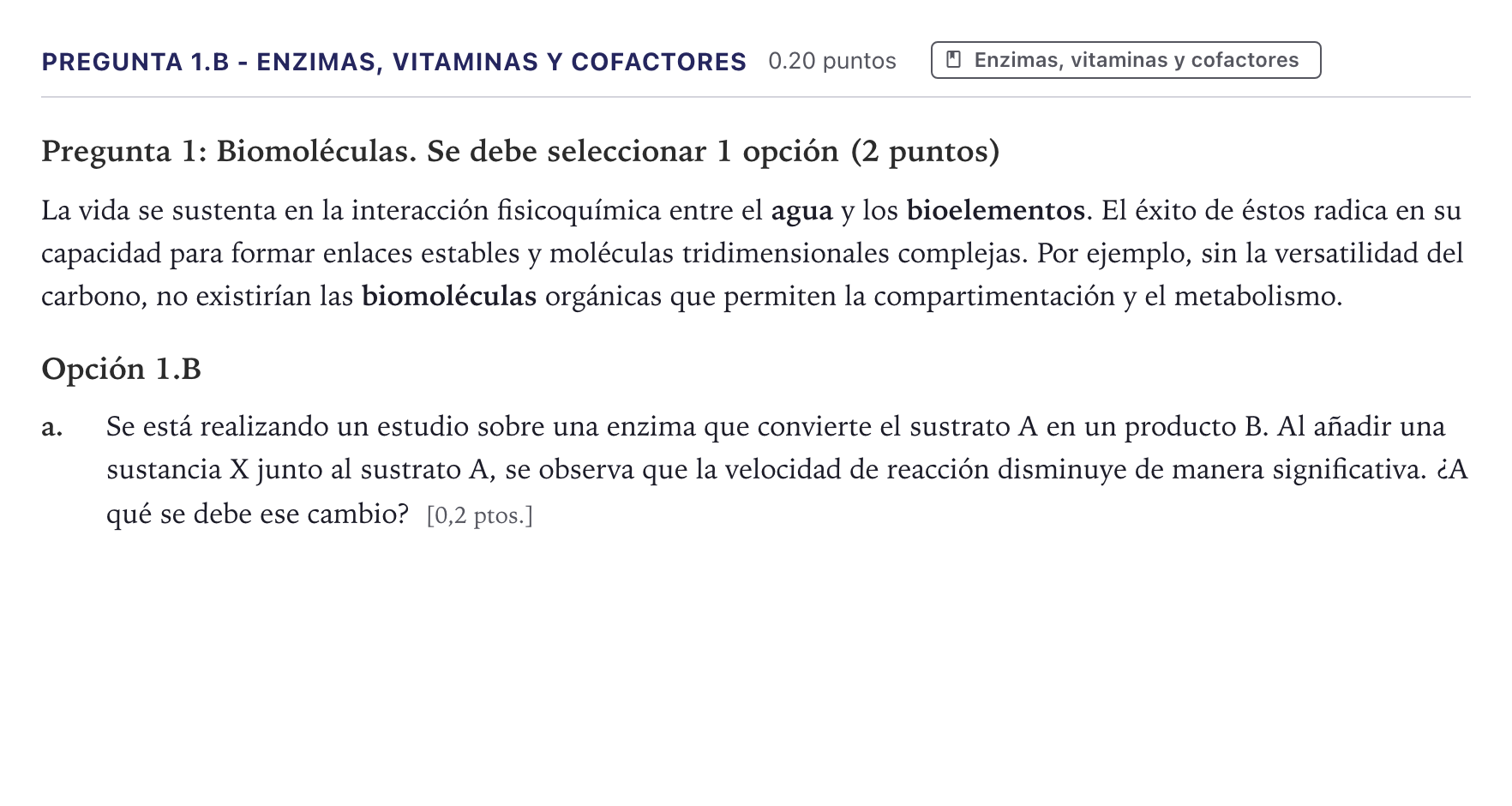 Enunciado: Pregunta 1.B - Enzimas, vitaminas y cofactores · Biología PAU Canarias Junio 2026