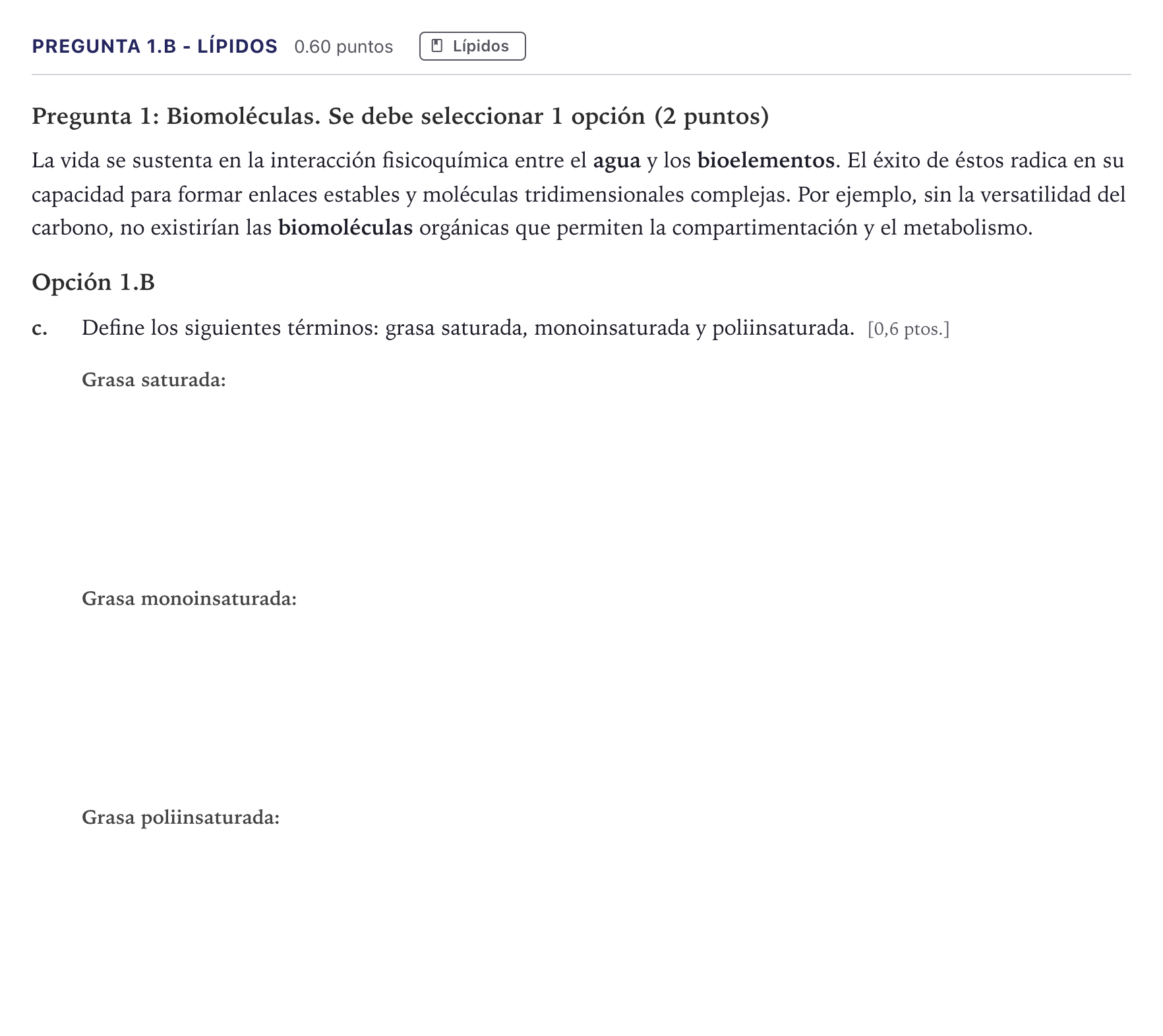 Enunciado: Pregunta 1.B - Lípidos · Biología PAU Canarias Junio 2026