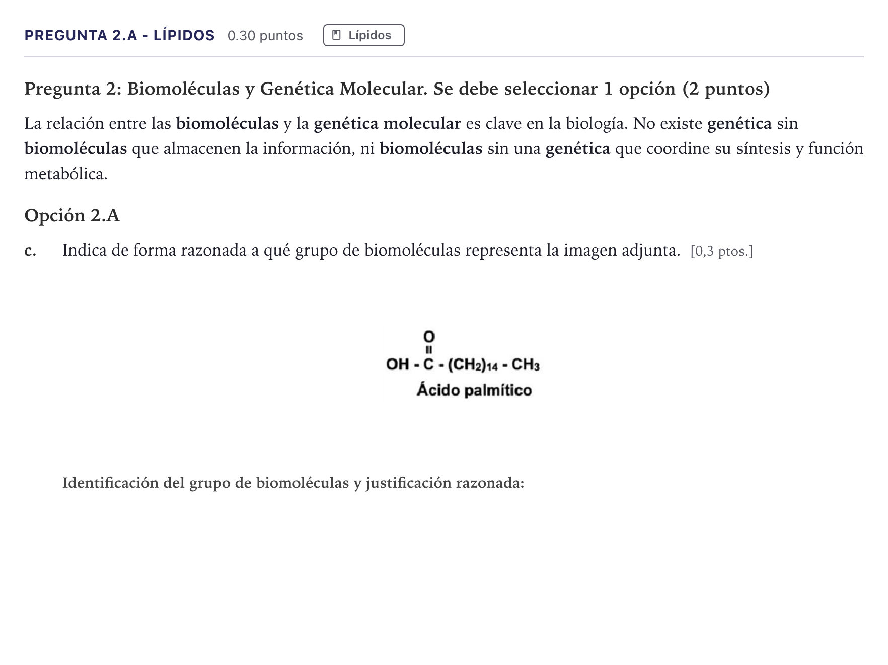 Enunciado: Pregunta 2.A - Lípidos · Biología PAU Canarias Junio 2026