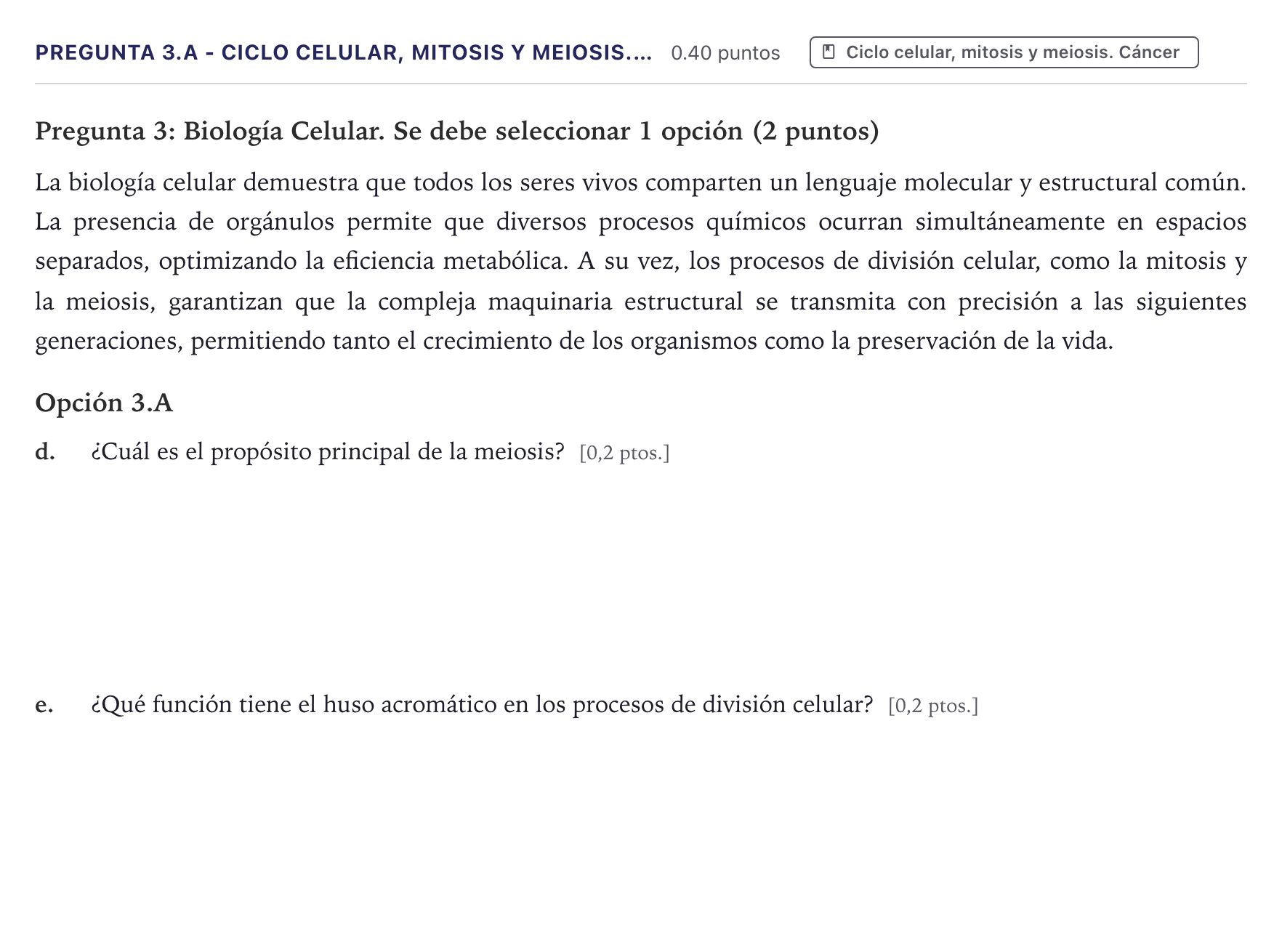 Enunciado: Pregunta 3.A - Ciclo celular, mitosis y meiosis.… · Biología PAU Canarias Junio 2026
