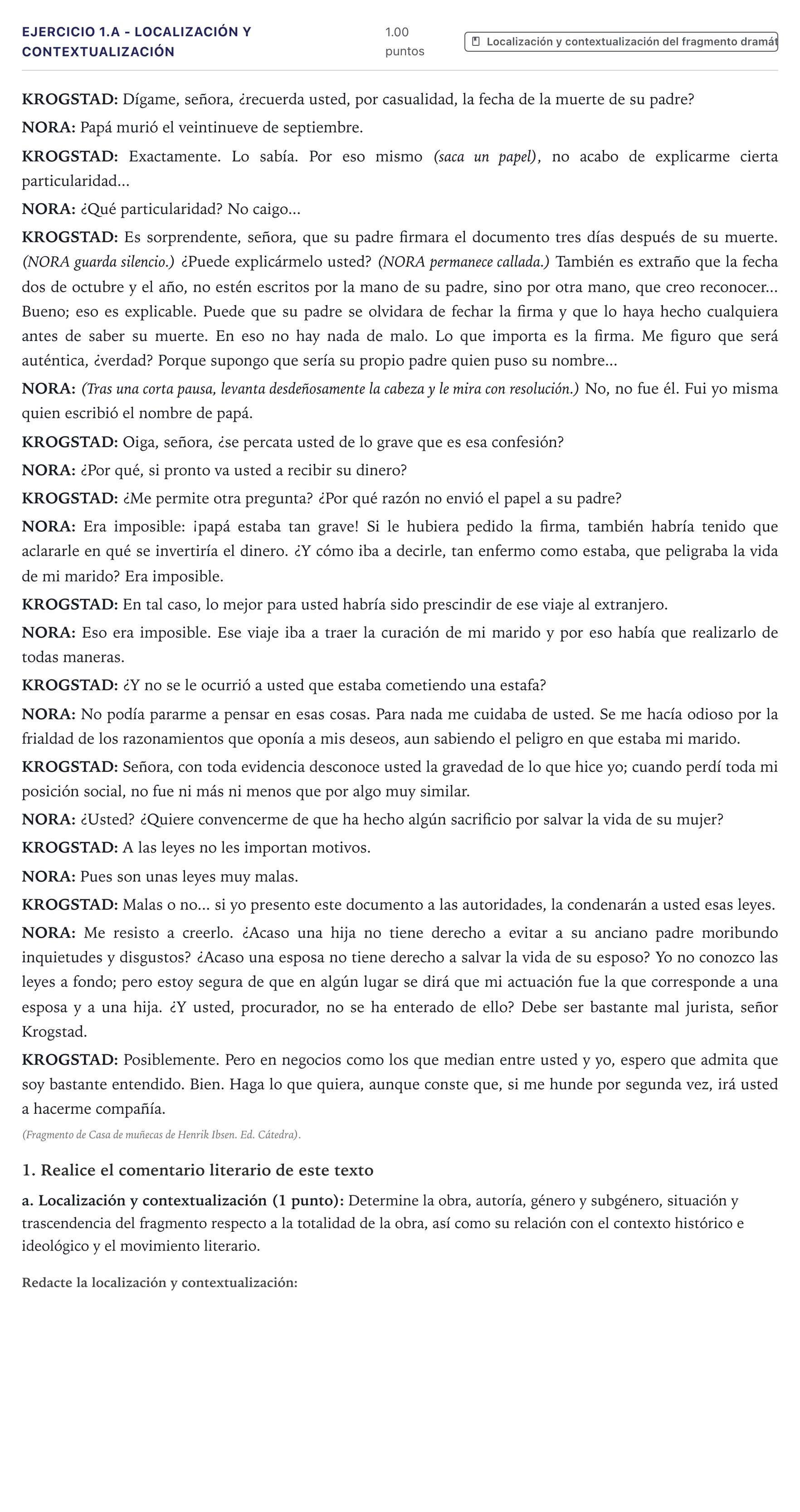 Enunciado: Ejercicio 1.a - Localización y contextualización · Literatura Dramática PAU Canarias Junio 2026