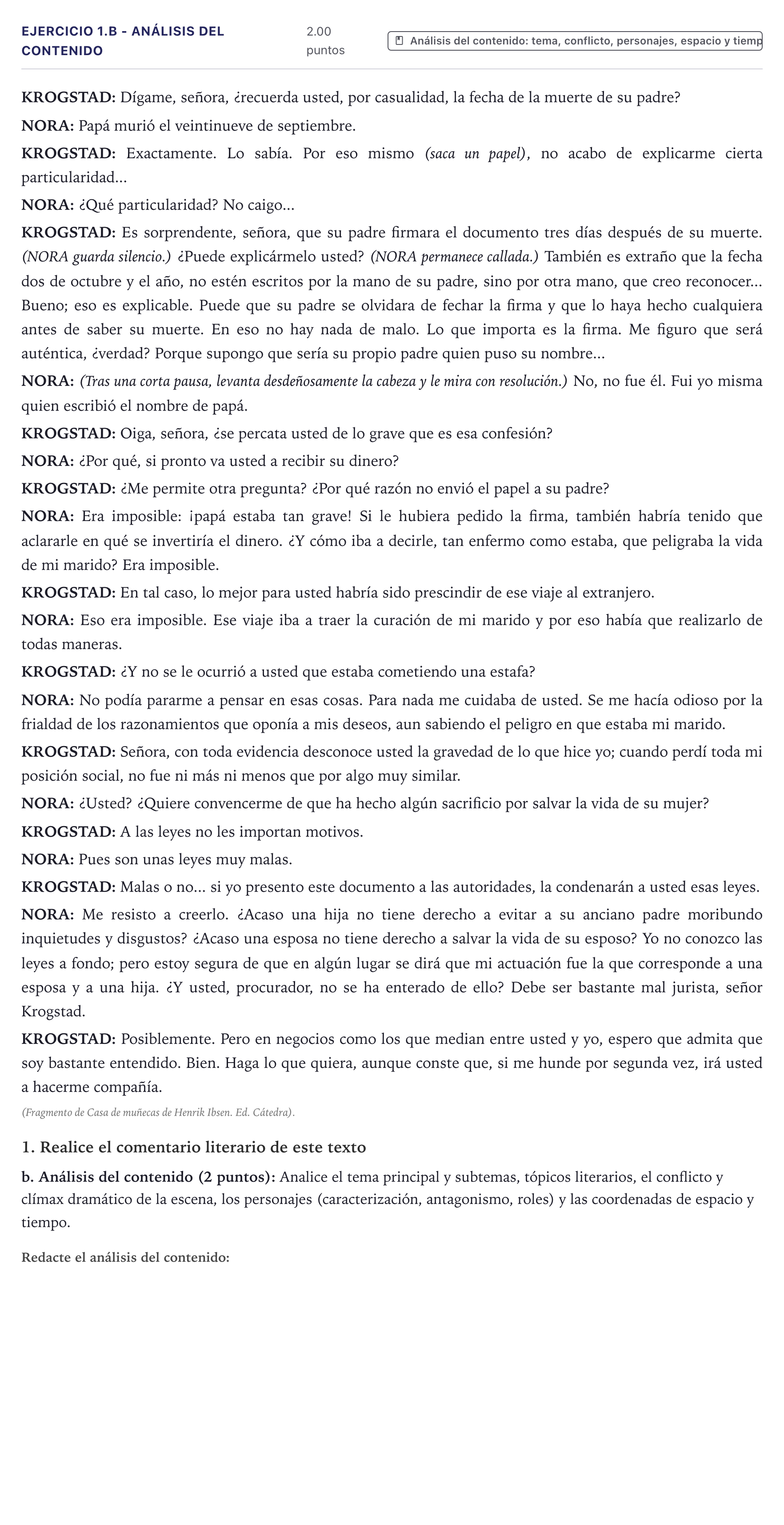 Enunciado: Ejercicio 1.b - Análisis del contenido · Literatura Dramática PAU Canarias Junio 2026