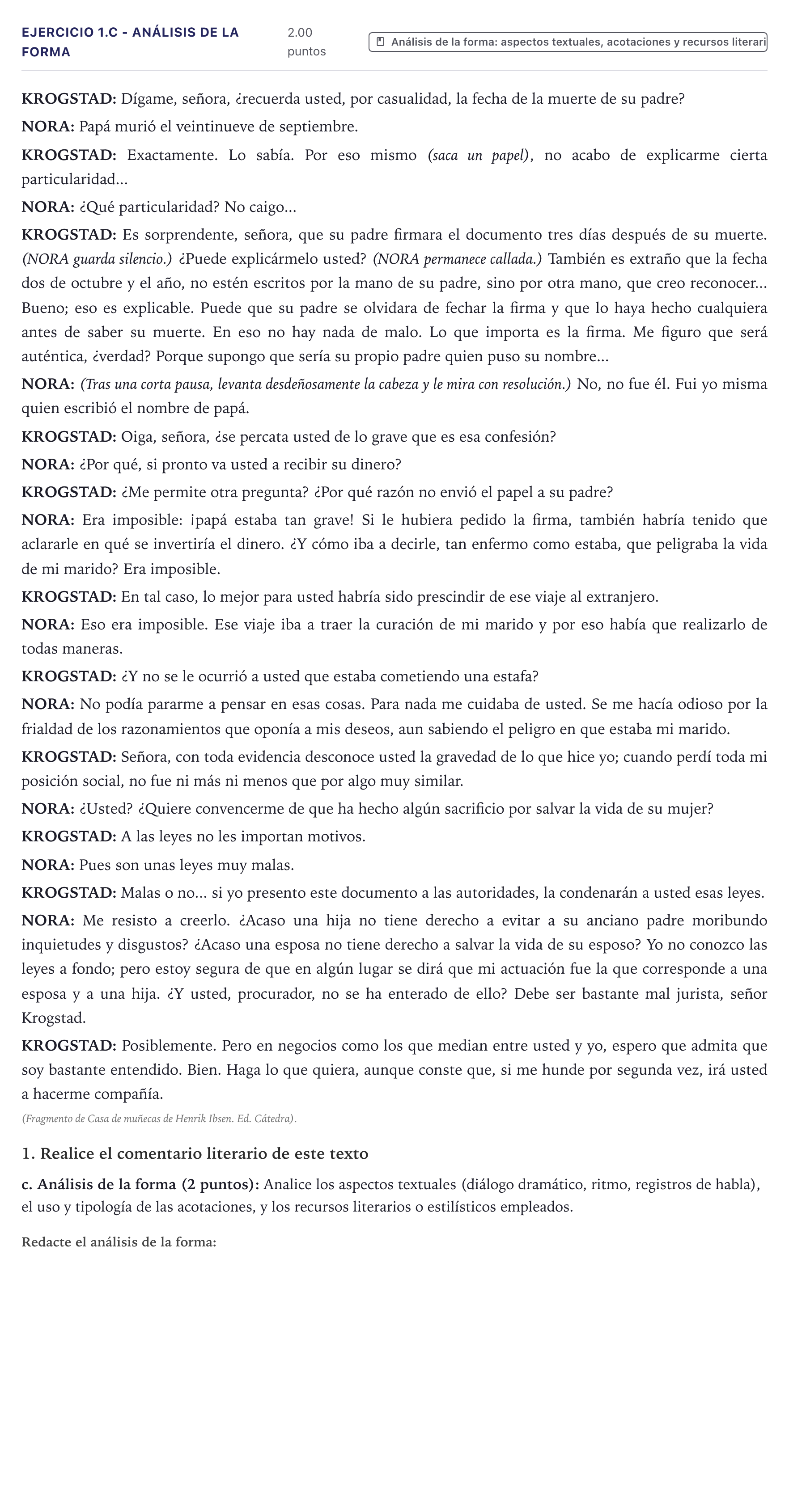 Enunciado: Ejercicio 1.c - Análisis de la forma · Literatura Dramática PAU Canarias Junio 2026