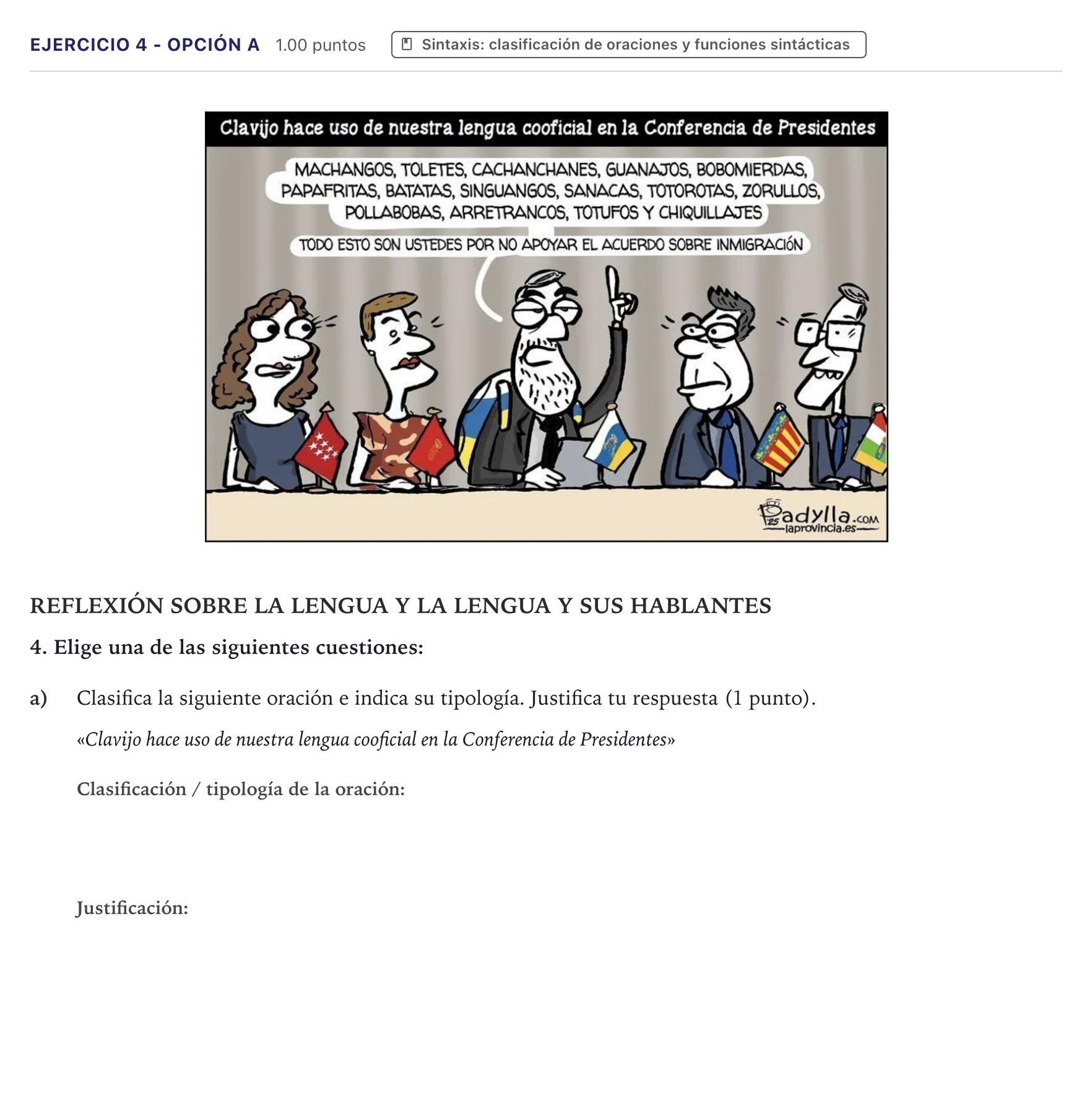 Enunciado: Ejercicio 4 - Opción a · Lengua Castellana y Literatura II PAU Canarias Julio 2026