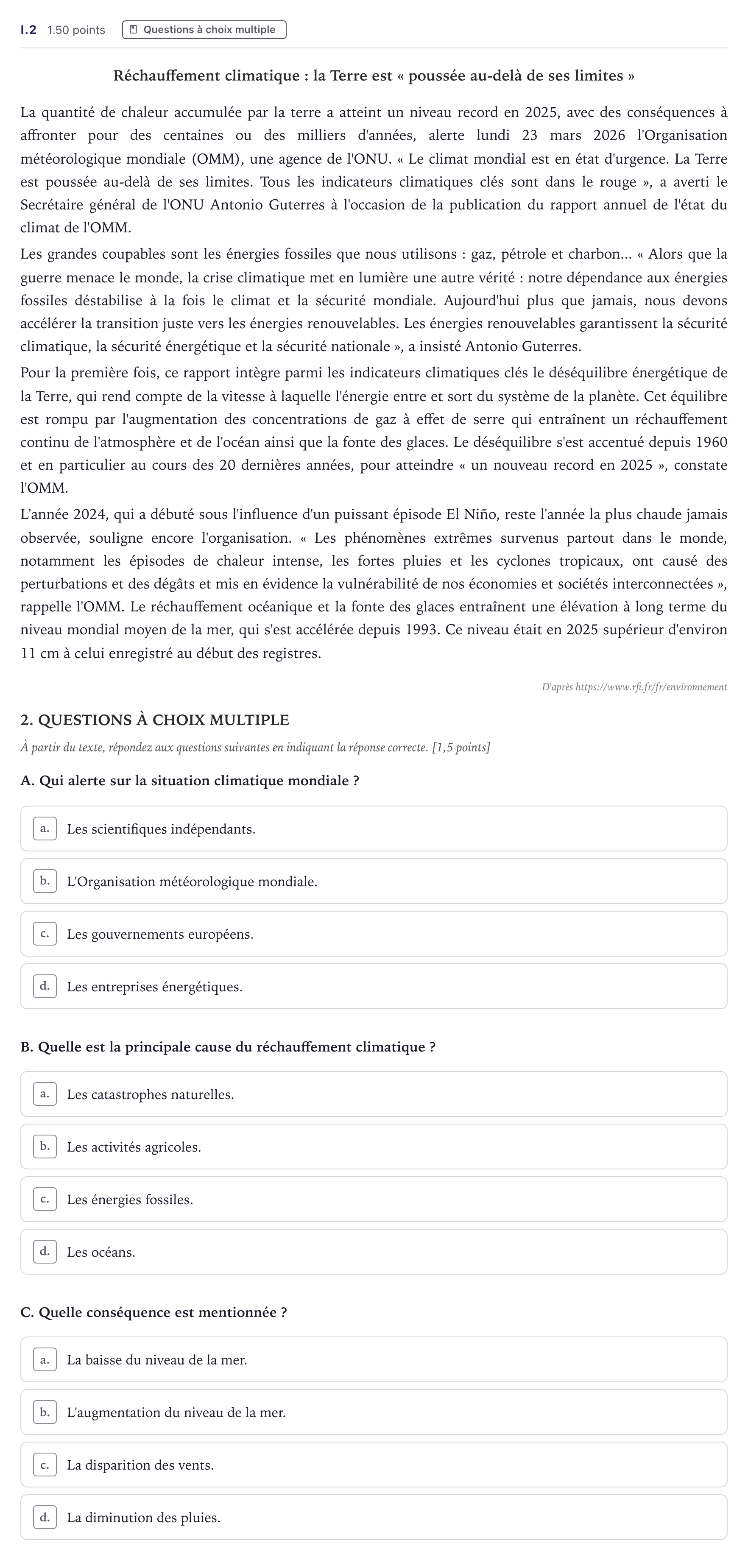 Enunciado: Ejercicio I.2 · Francés PAU Canarias Julio 2026
