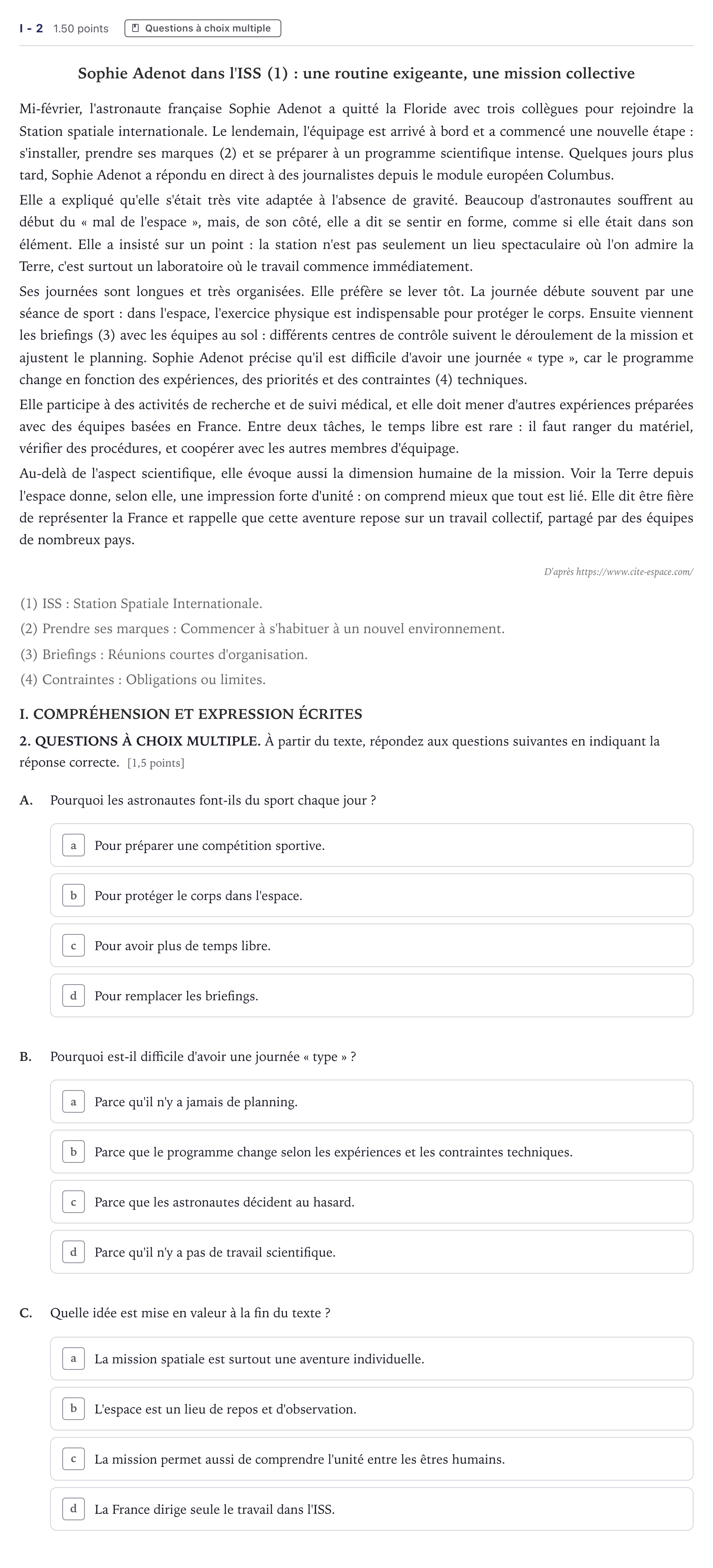 Enunciado: Ejercicio I - 2 · Francés PAU Canarias Julio (Reserva) 2026