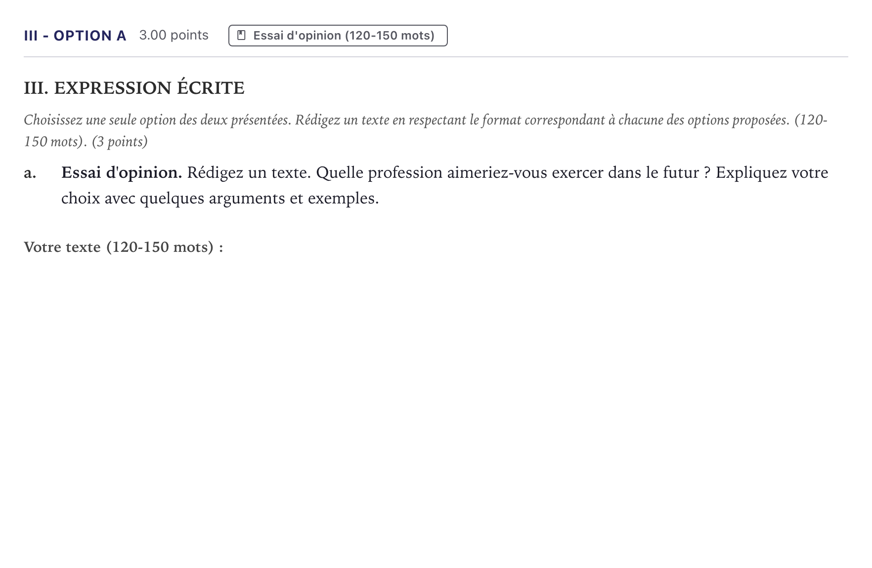 Enunciado: Ejercicio III - Option a · Francés PAU Canarias Julio (Reserva) 2026