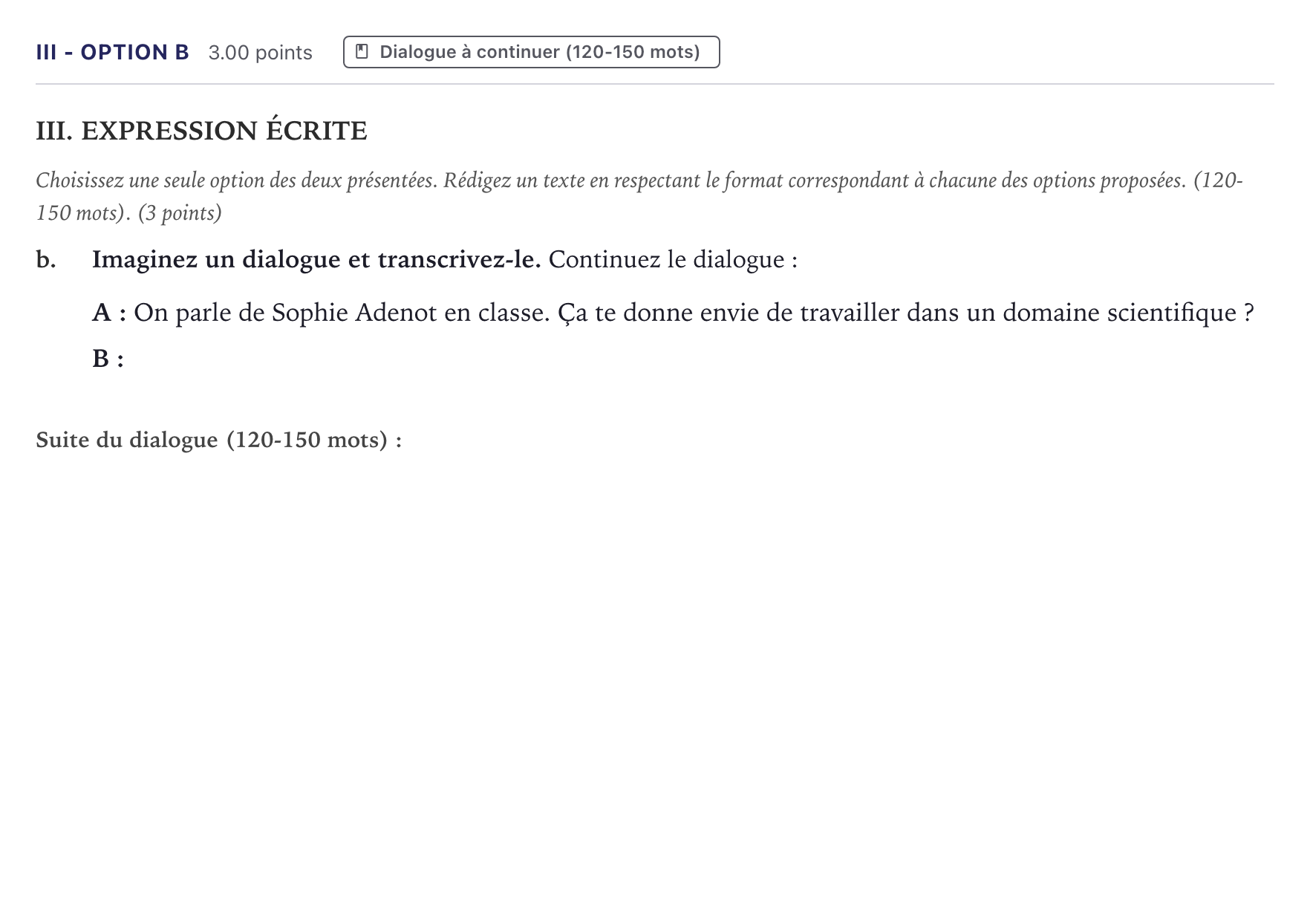 Enunciado: Ejercicio III - Option b · Francés PAU Canarias Julio (Reserva) 2026